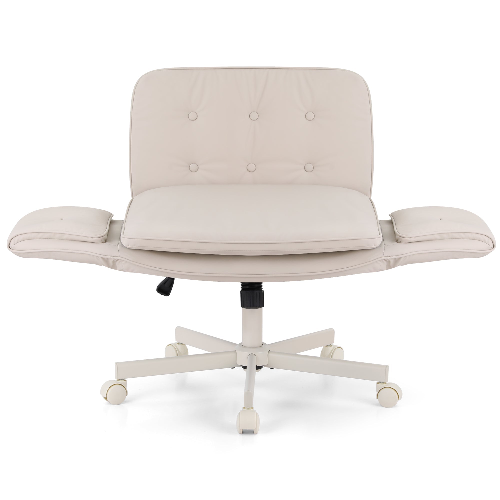 Beige tufted office chair with padded armrests and cushioned seat on white cross base with wheels
