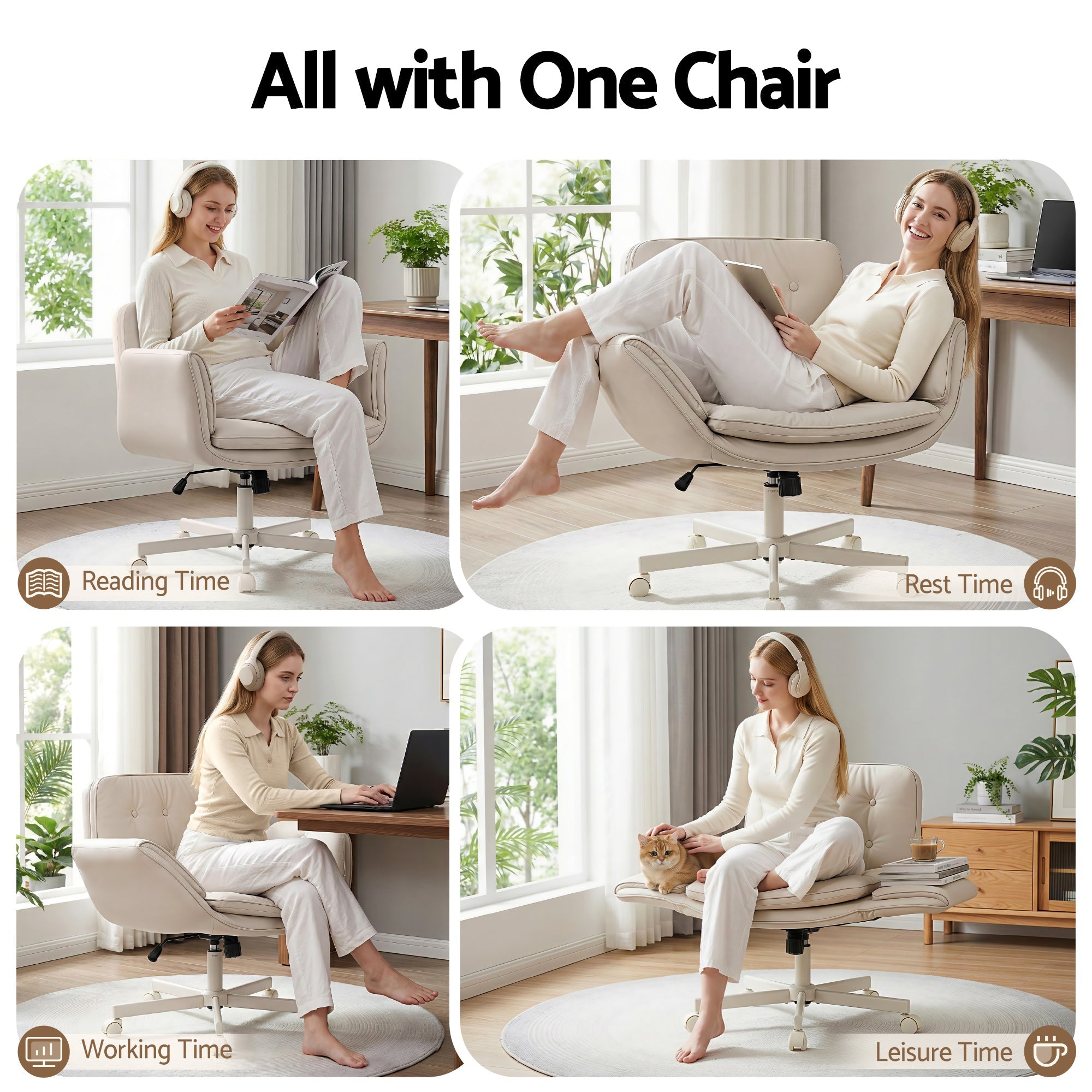 Beige upholstered office chair with padded armrests and swivel base on caster wheels