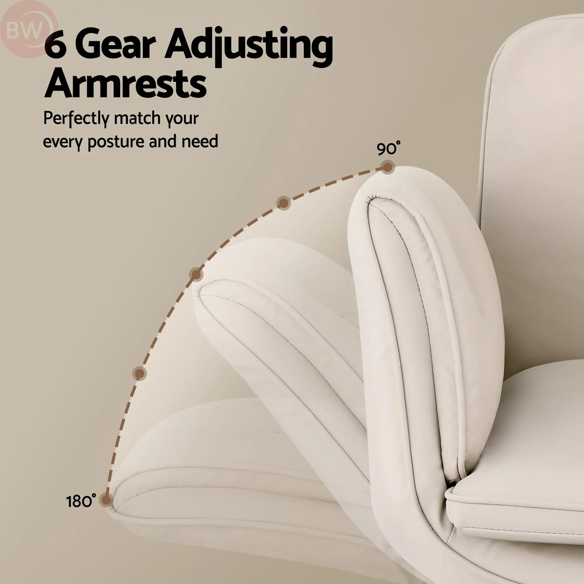 Beige office chair armrest and backrest detail, showing multi-gear adjustment angles