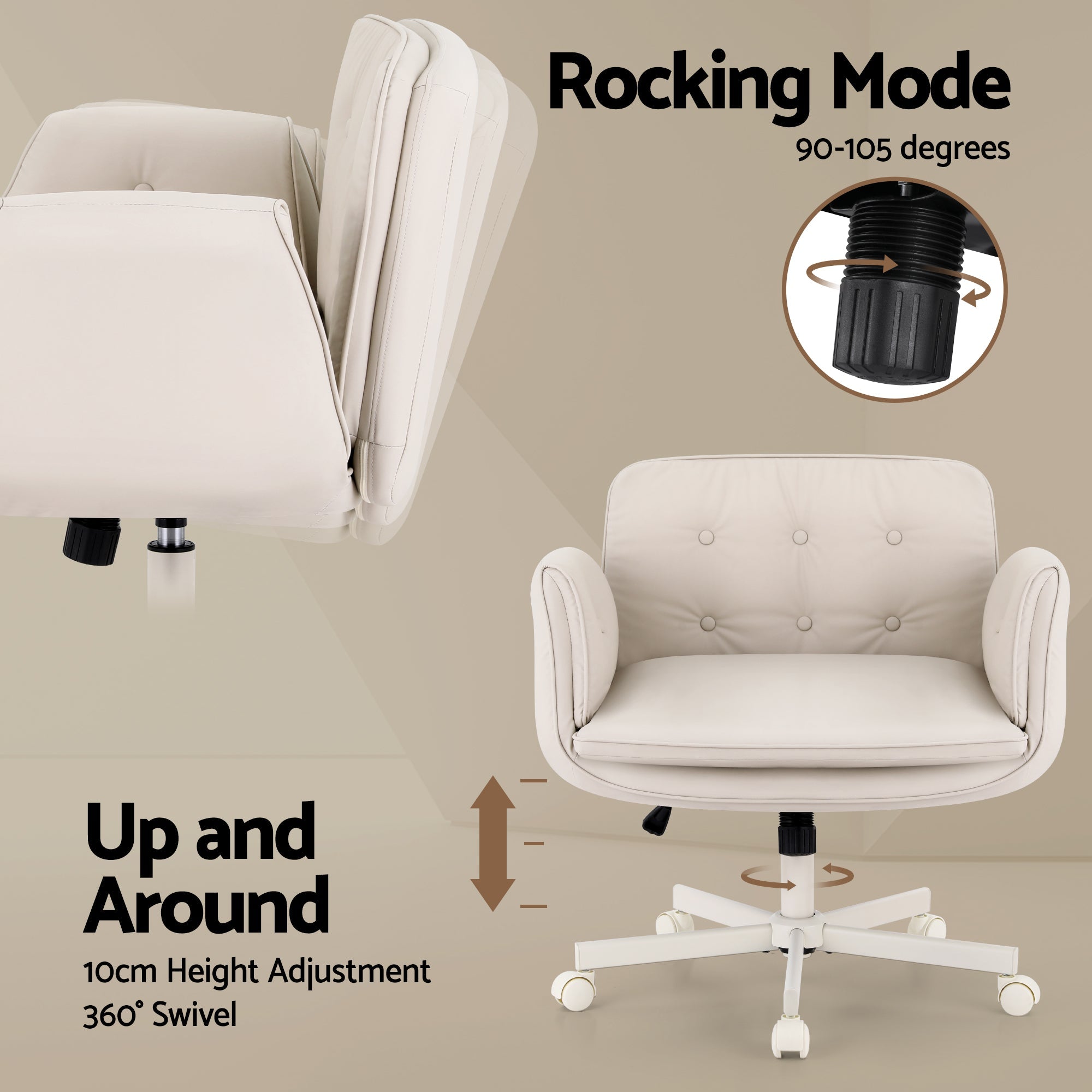 Beige upholstered office chair with curved back and armrests on a white wheeled base