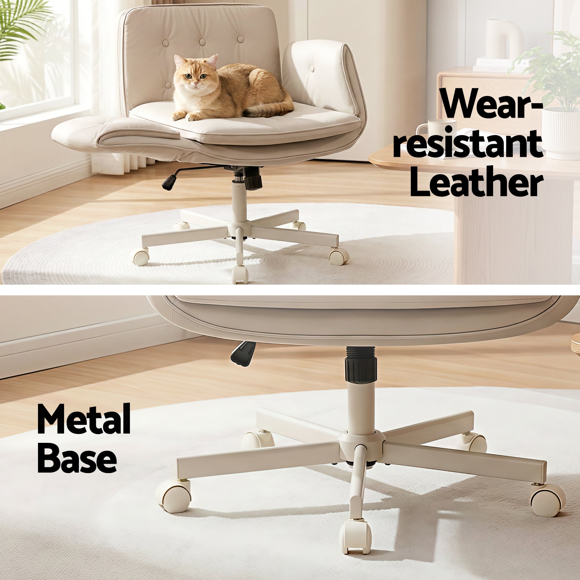 Beige office chair with tufted back and padded armrests on a white metal base with casters