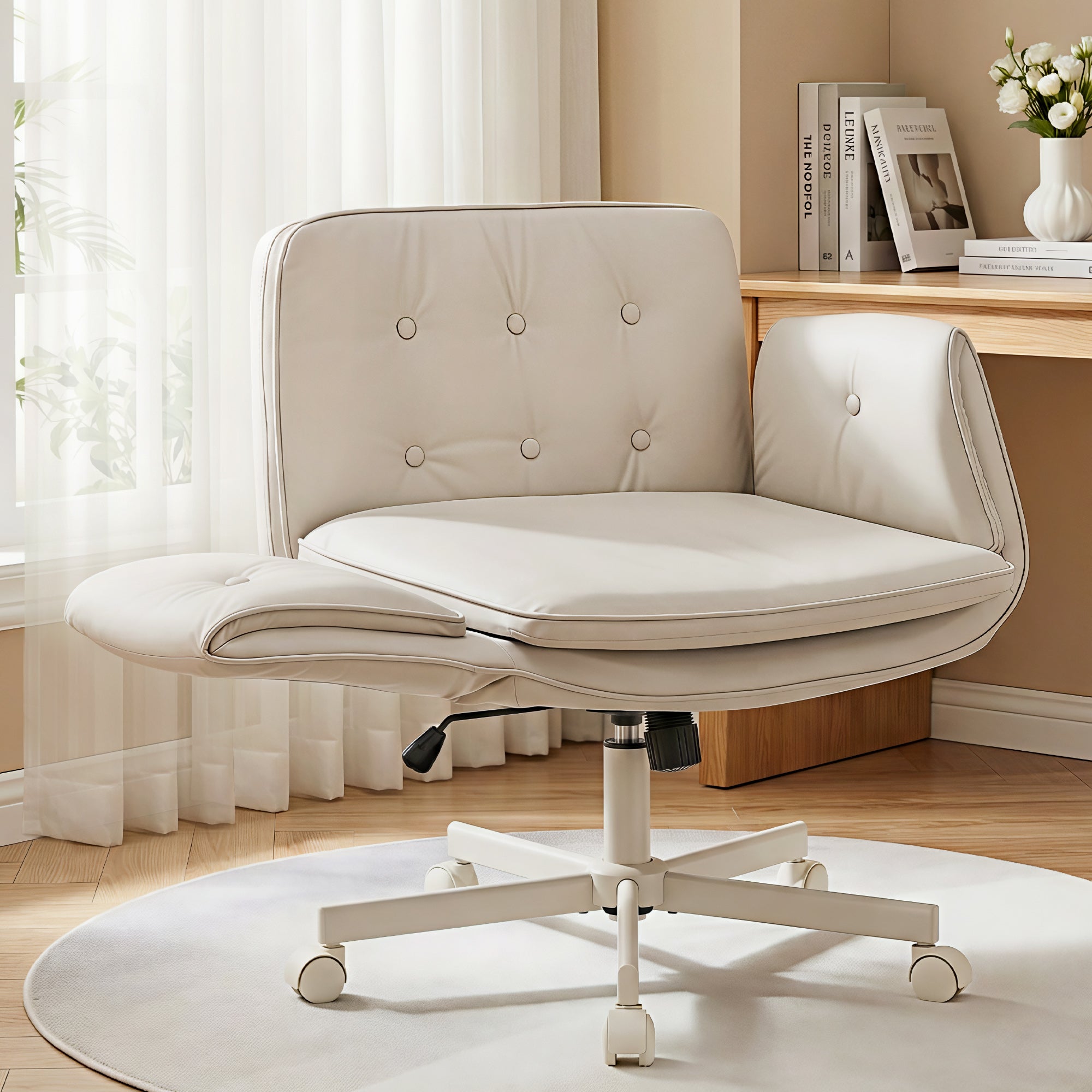 Beige upholstered office chair with cushioned seat, padded armrests, and caster-wheel base