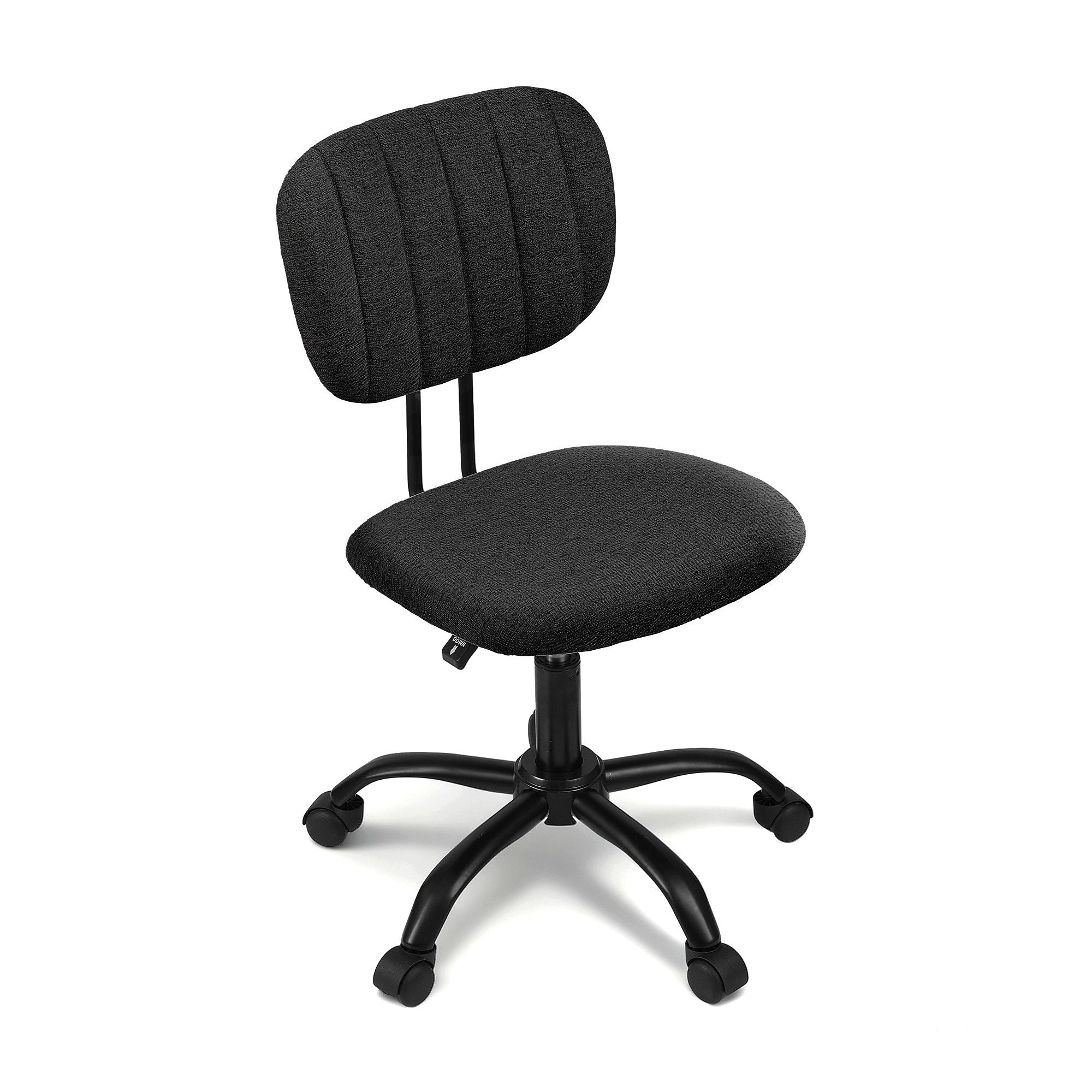 Black armless office chair with padded fabric seat, curved backrest, and rolling swivel base