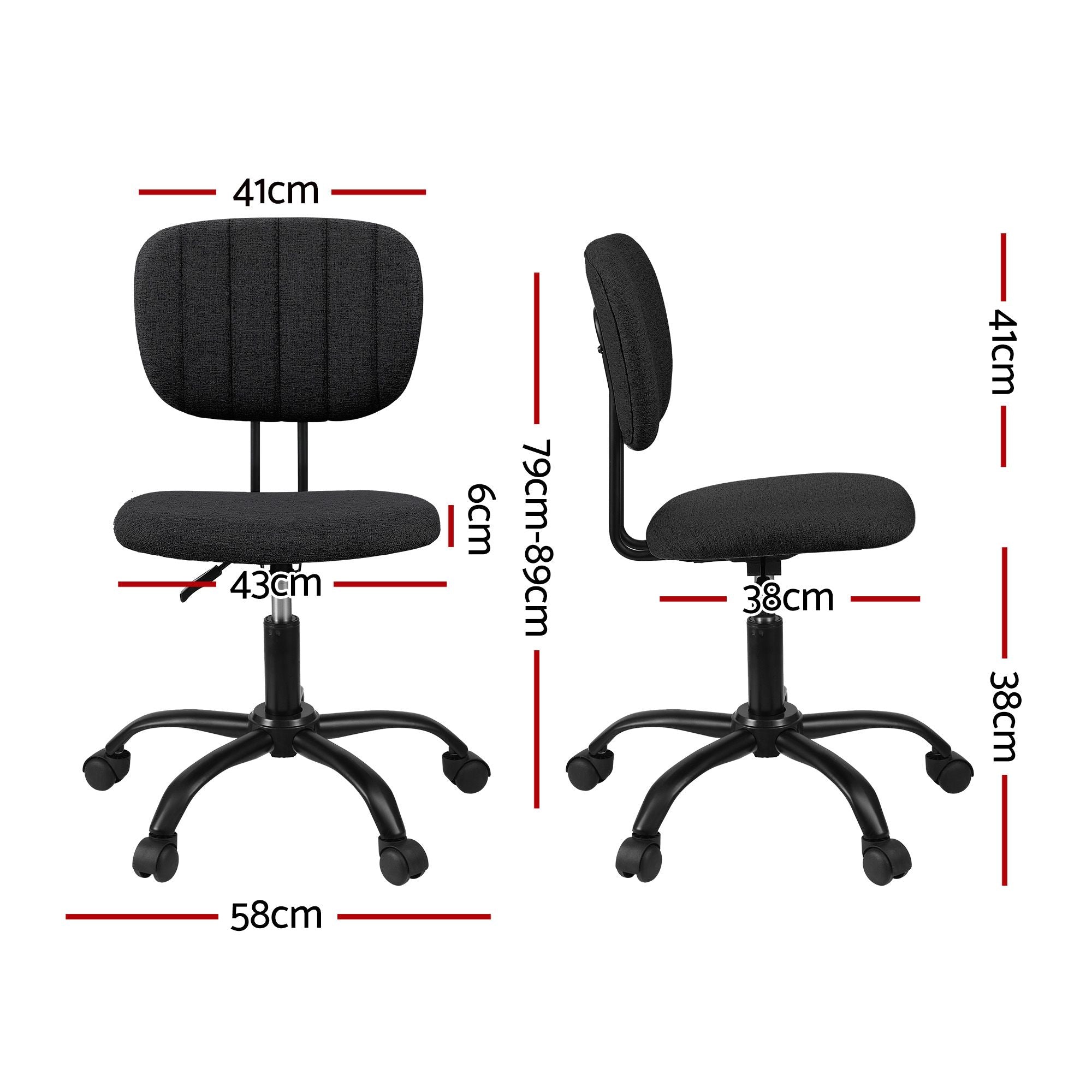 Black armless task chair with padded seat and backrest, shown with size measurements