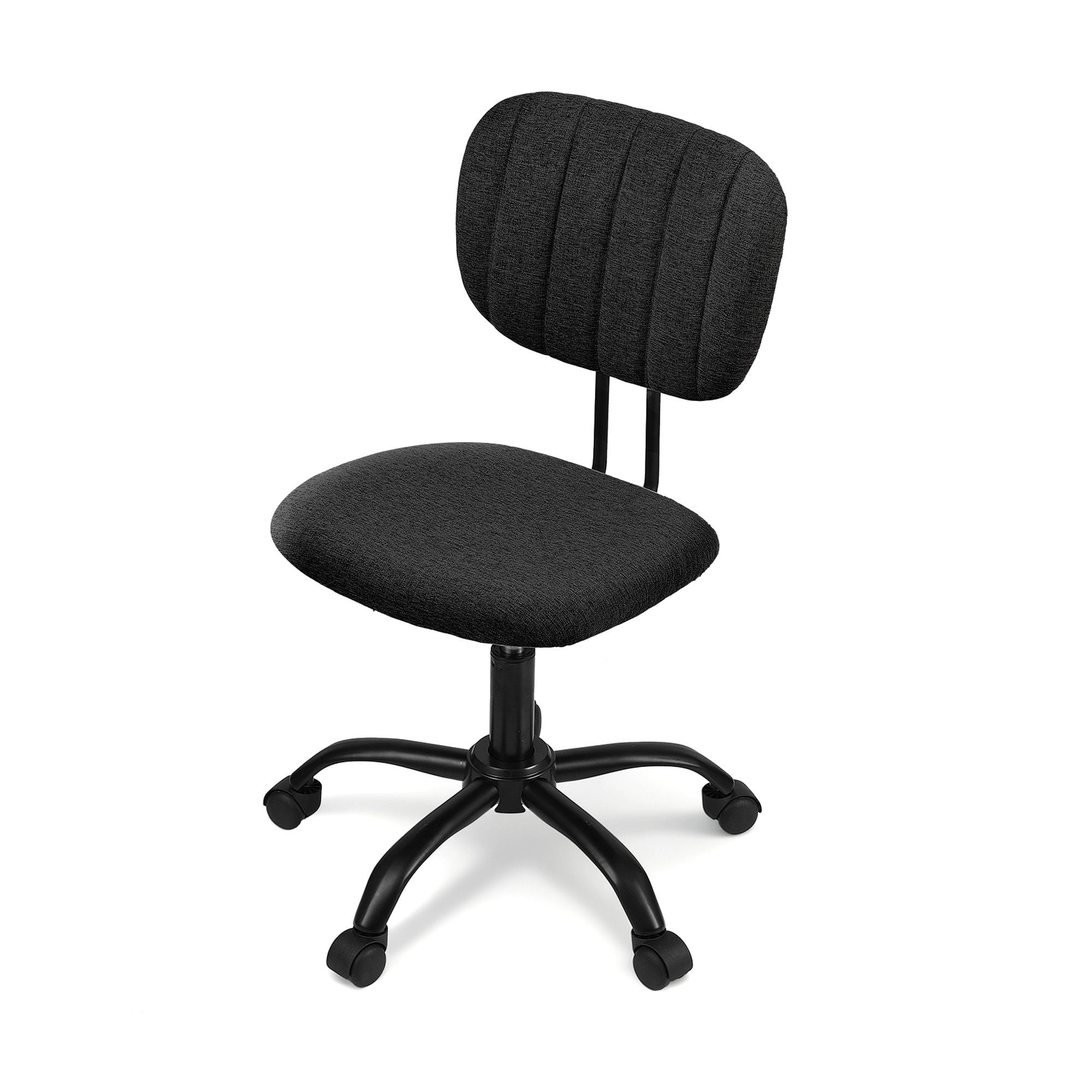 Black armless office chair with thick upholstered seat, rounded fabric back, and swivel base