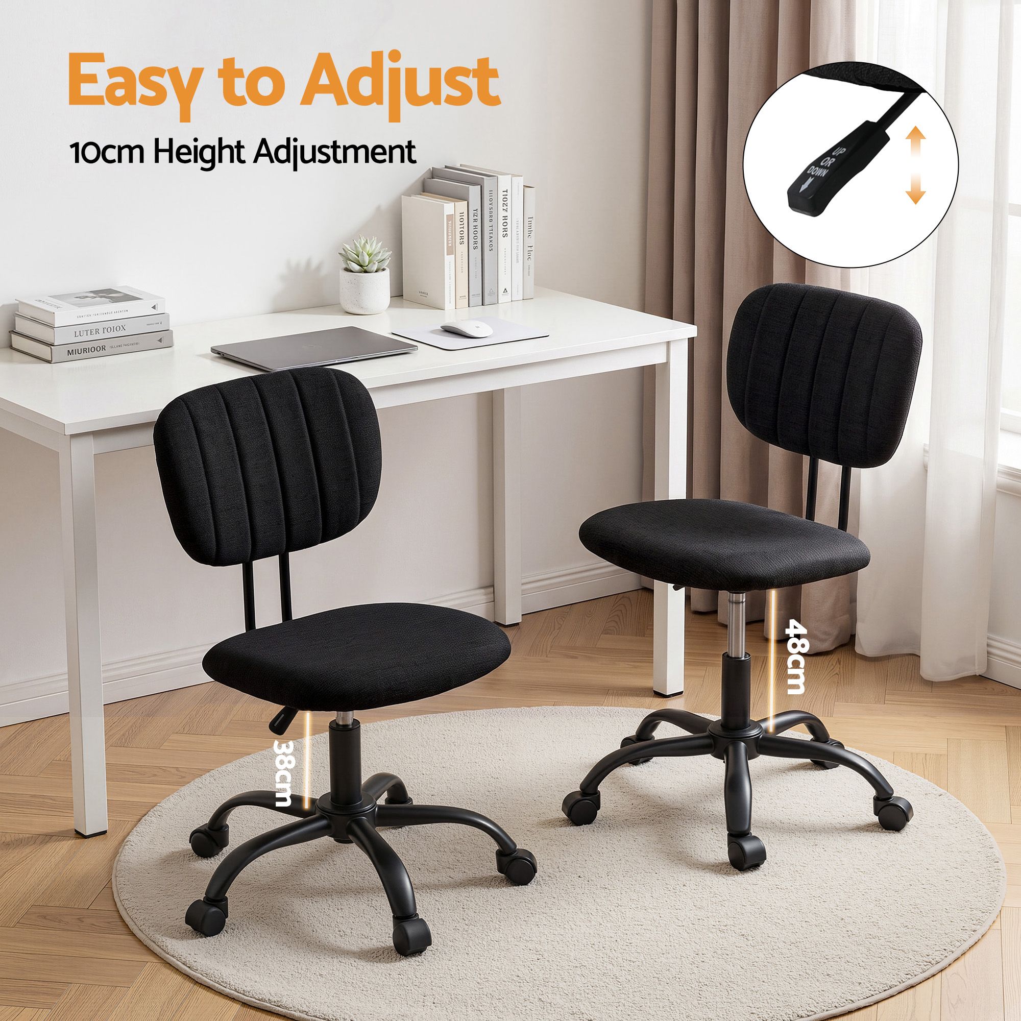 Black height-adjustable armless office chair with padded back and seat on rolling casters