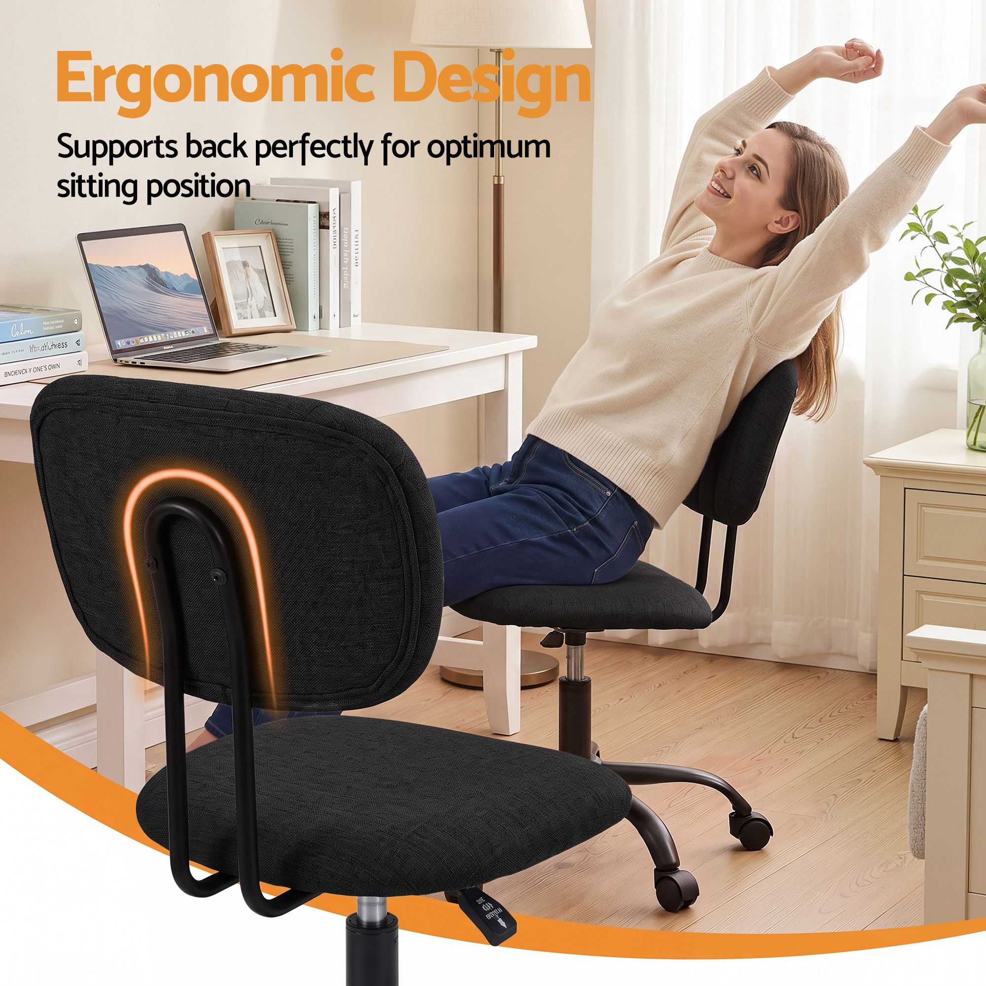 Black ergonomic armless office chair with padded seat and backrest, on a wheeled base