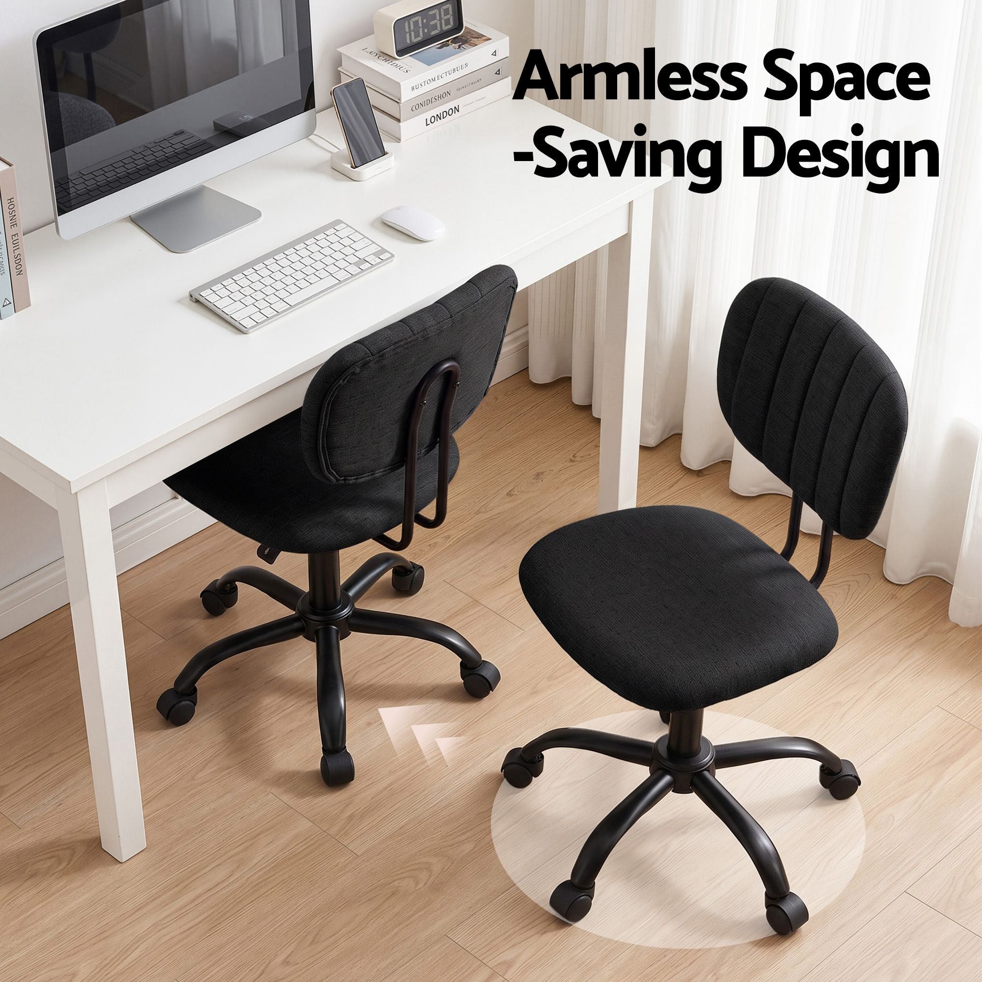 Black armless office chair with fabric backrest, padded seat, and five-point rolling base