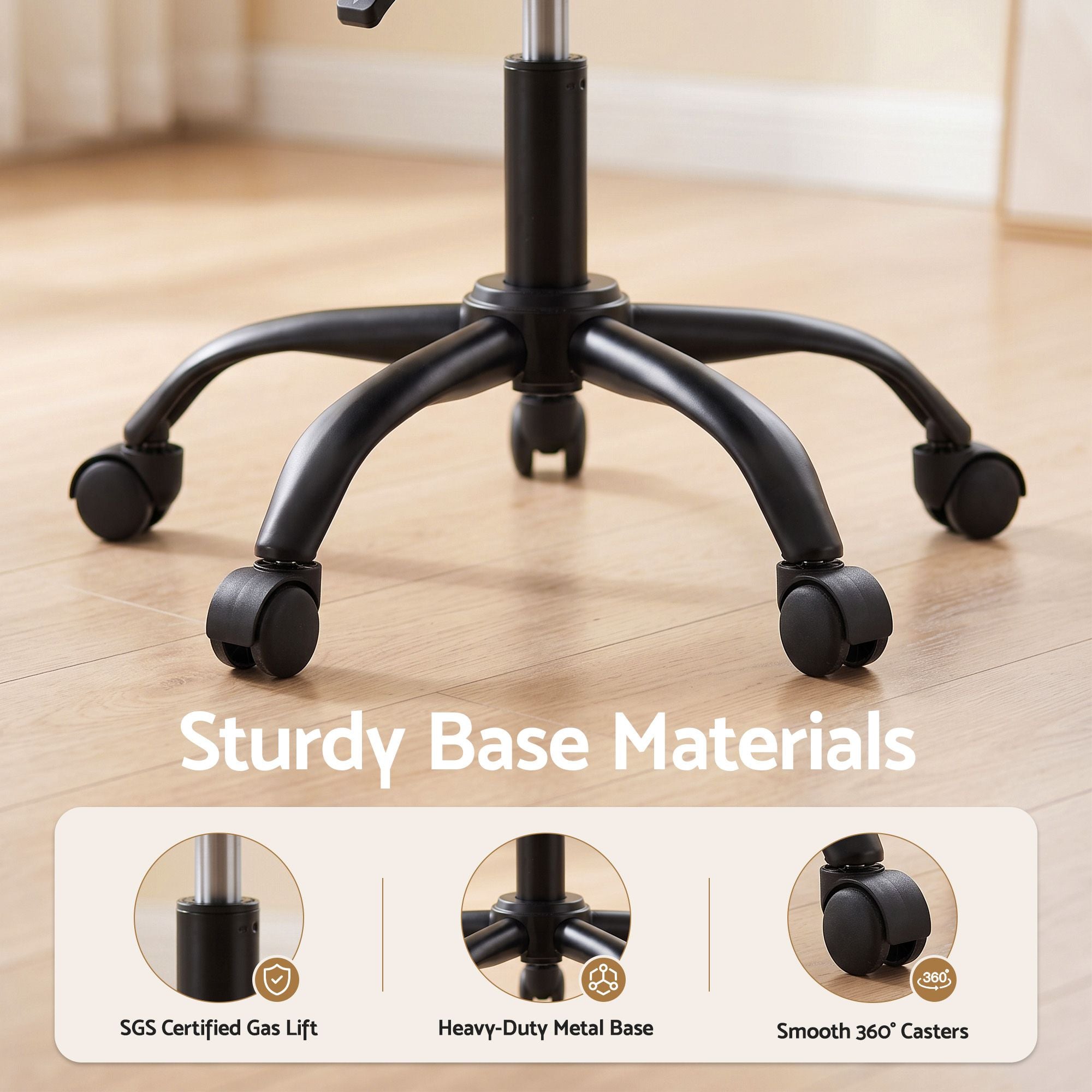 Black wheeled swivel chair base with five legs and smooth-rolling casters