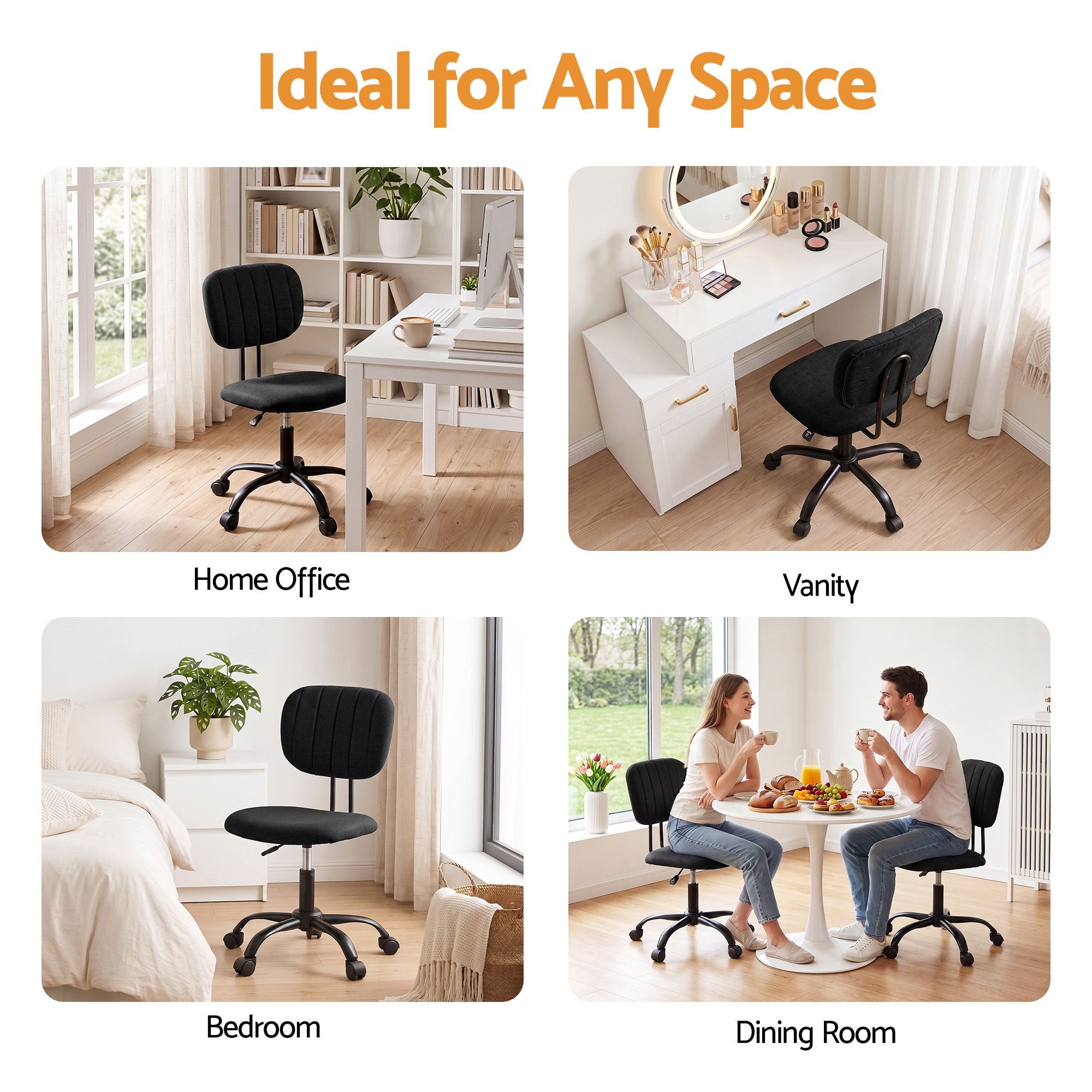 Black armless task chair shown in multiple room setups, with padded seat and backrest