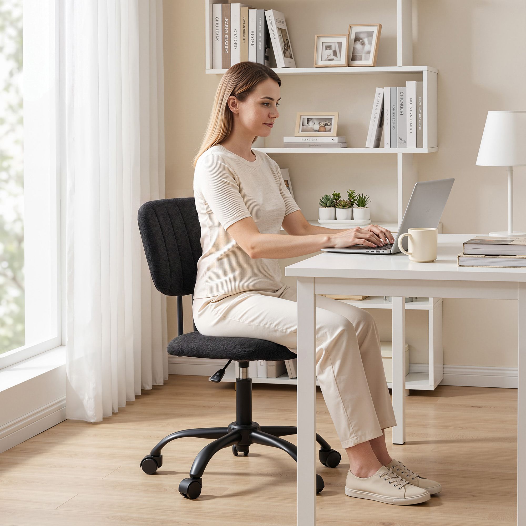 Black armless office chair with padded backrest and seat, used at a desk