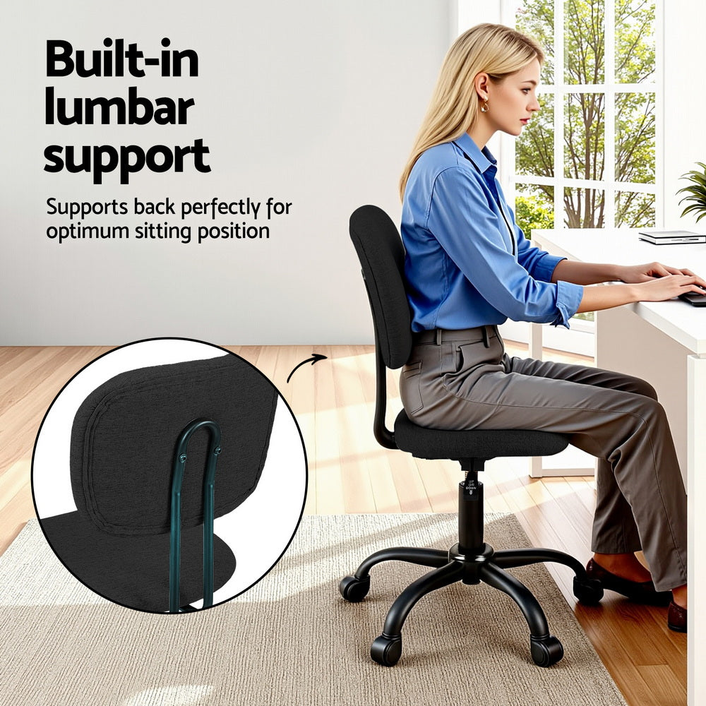 Artiss Armless Office Chair with Wheels, Ergonomic 360? Swivel Home Office Desk Chair, Height Adjustable Computer Task Chair with Fabric Back and Seat for Small Space, Black