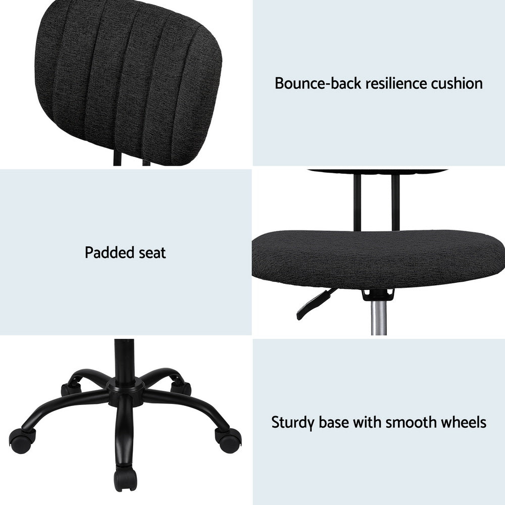 Artiss Armless Office Chair with Wheels, Ergonomic 360? Swivel Home Office Desk Chair, Height Adjustable Computer Task Chair with Fabric Back and Seat for Small Space, Black