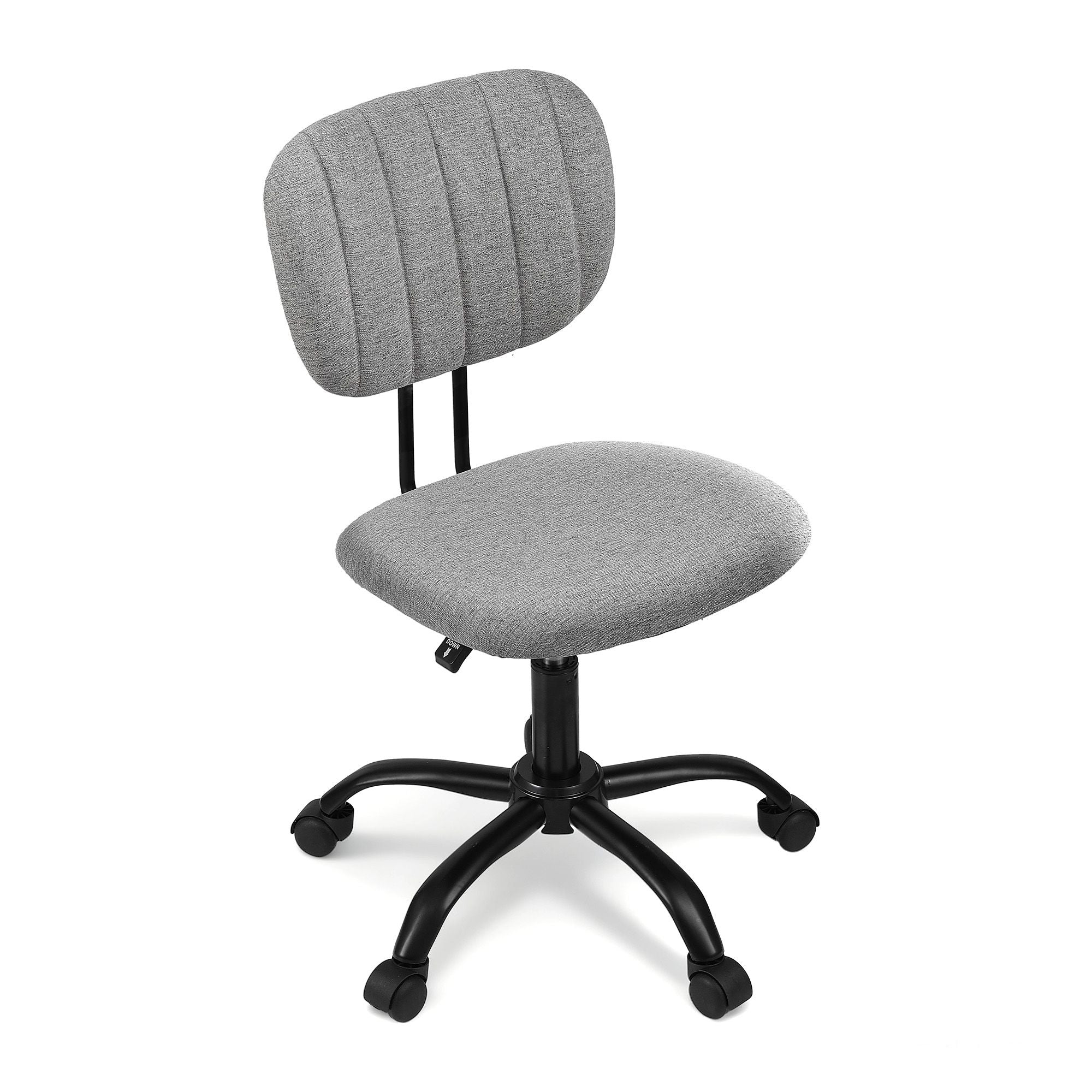 Grey fabric armless office chair with rounded backrest, swivel base and caster wheels