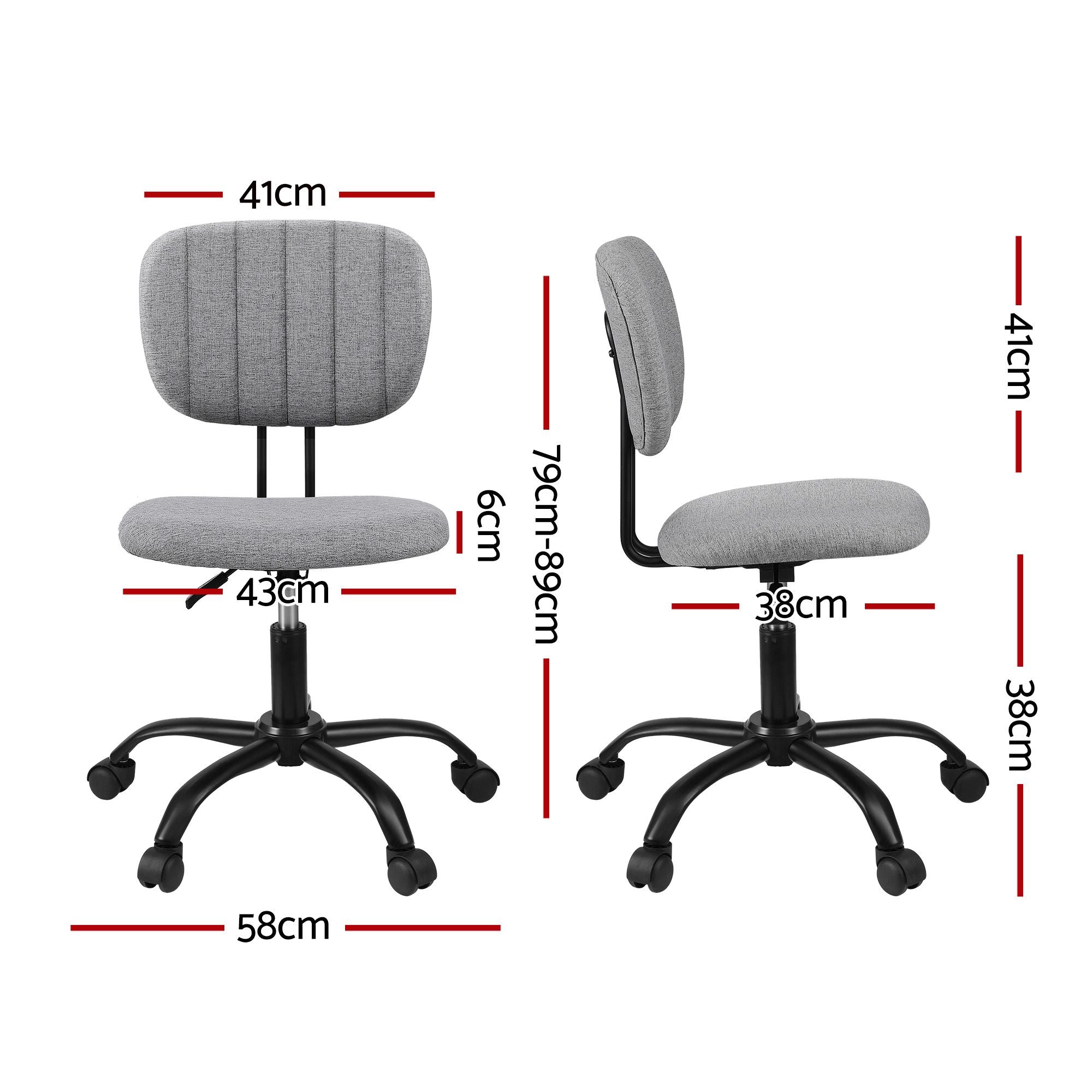 Grey armless office chair with fabric seat and back, black swivel base on casters