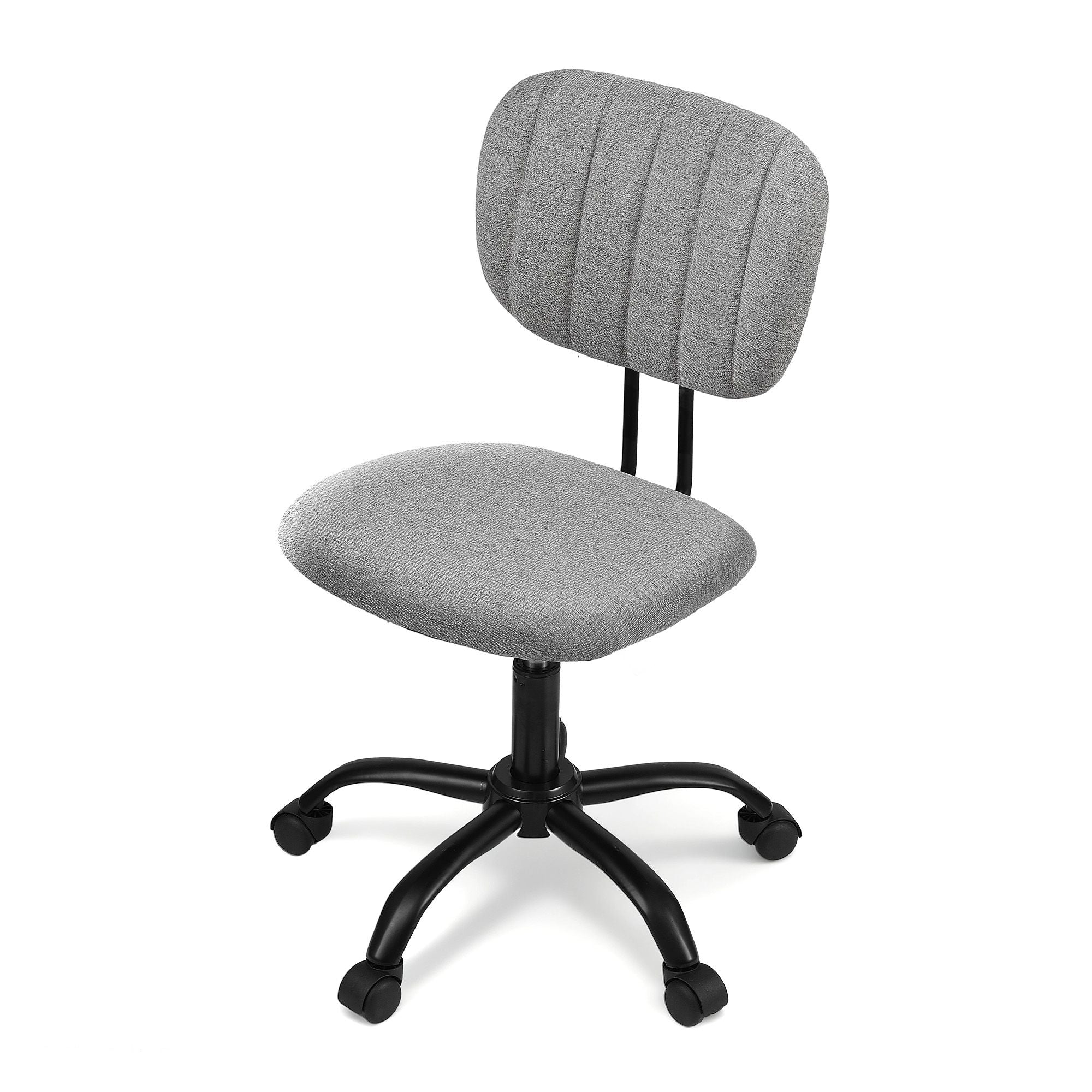 Grey armless office chair with padded fabric seat and backrest, swivel caster base