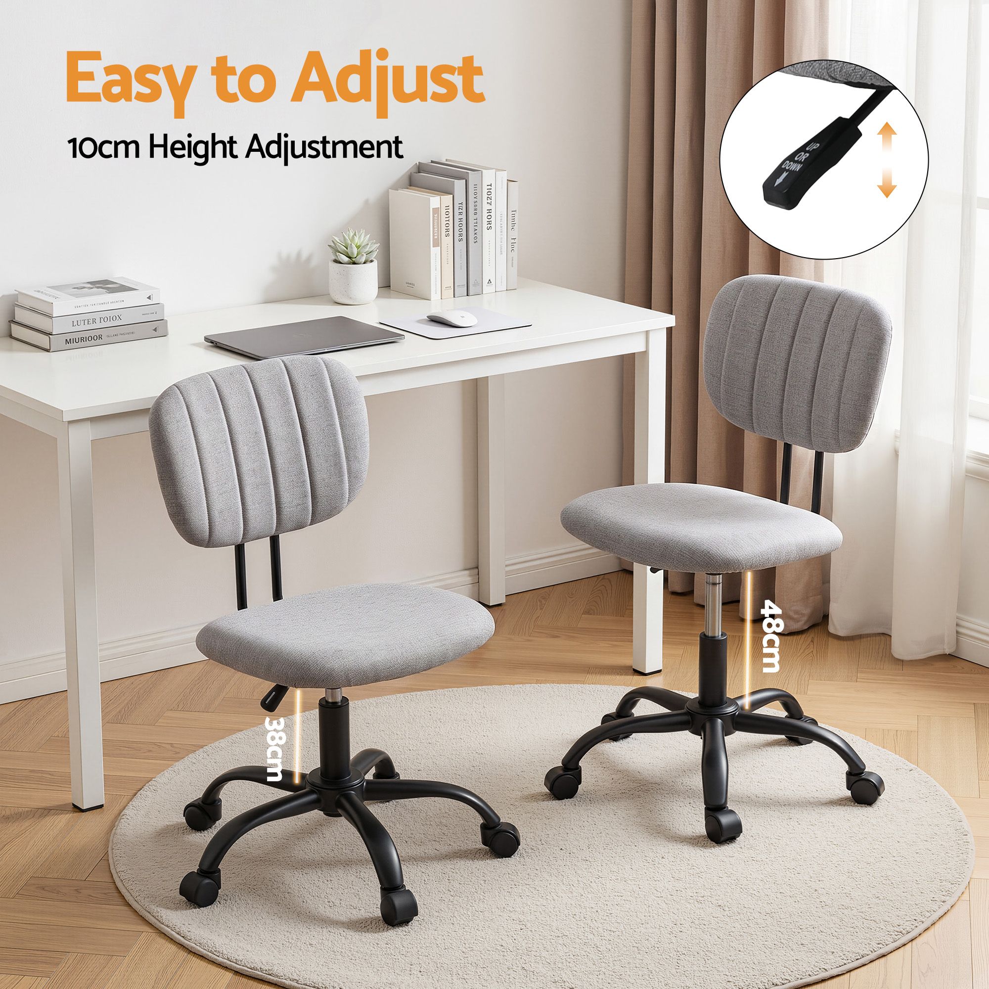 Grey fabric armless office chair with height-adjustable swivel base and caster wheels