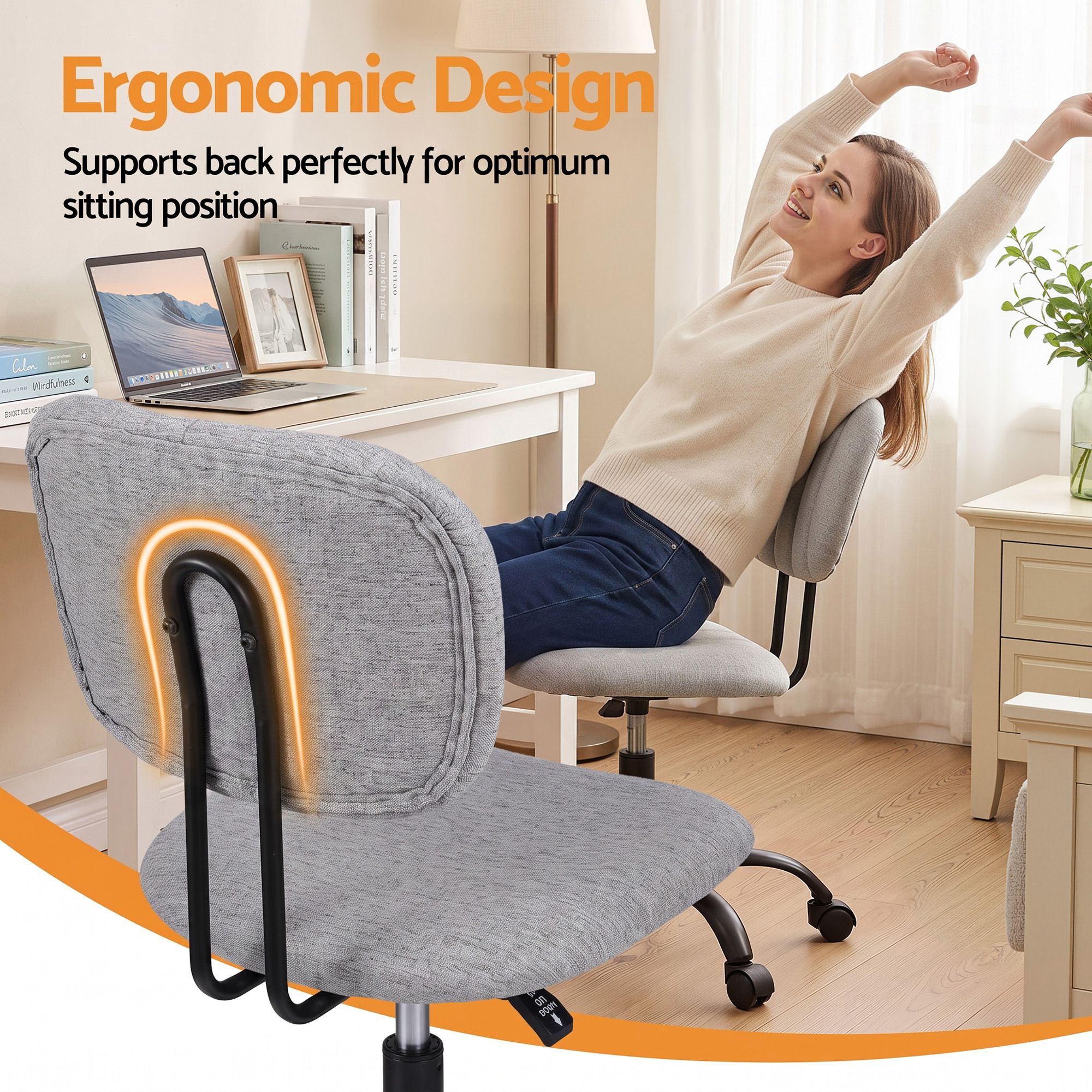 Grey armless office chair with fabric seat and backrest, height-adjustable swivel base and casters