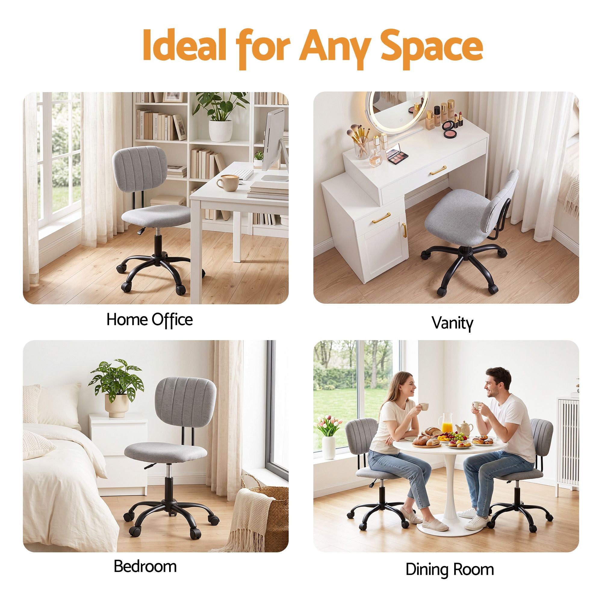 Grey armless office chair shown in multiple room settings with swivel seat and casters