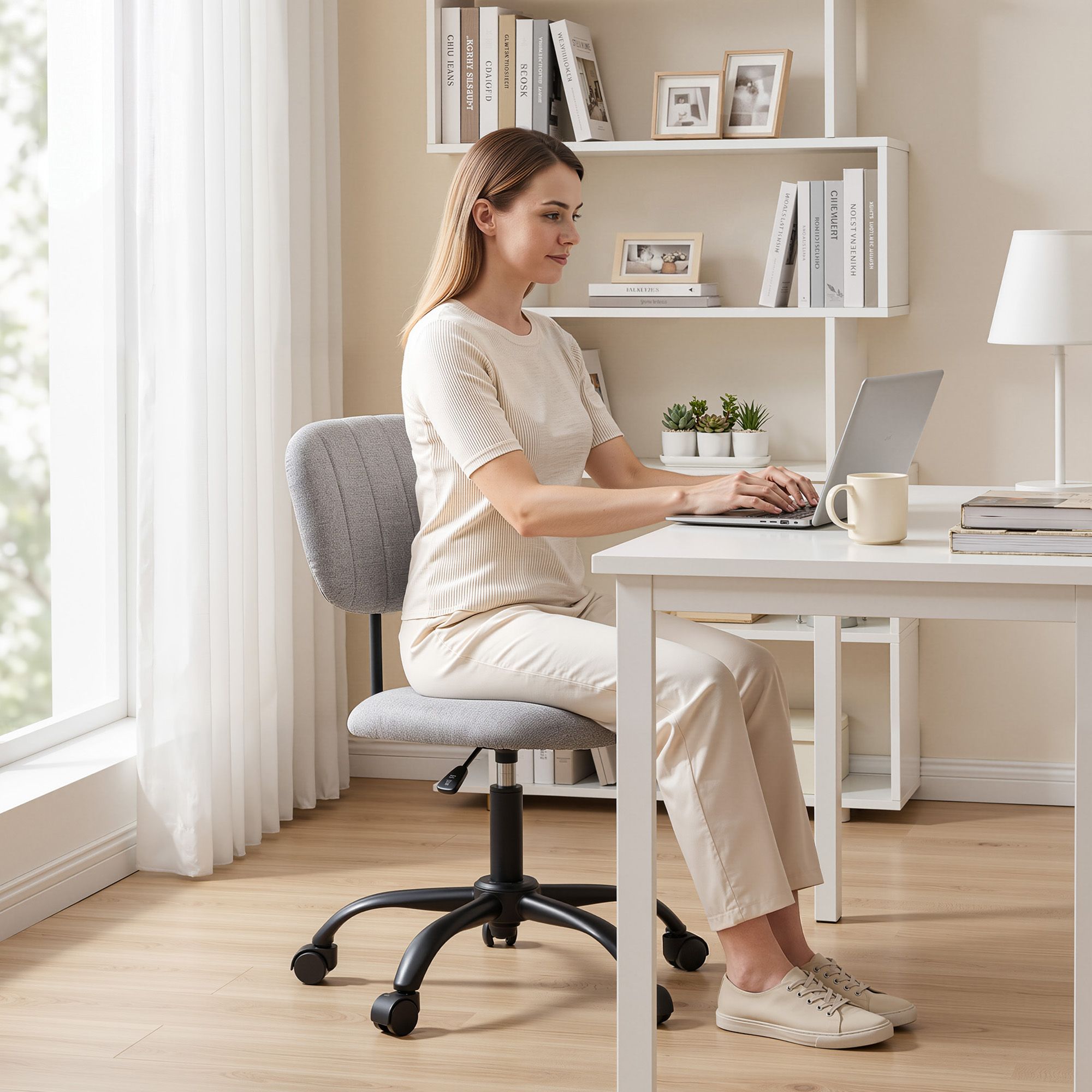 Grey armless office chair with fabric back and seat, rolling swivel base