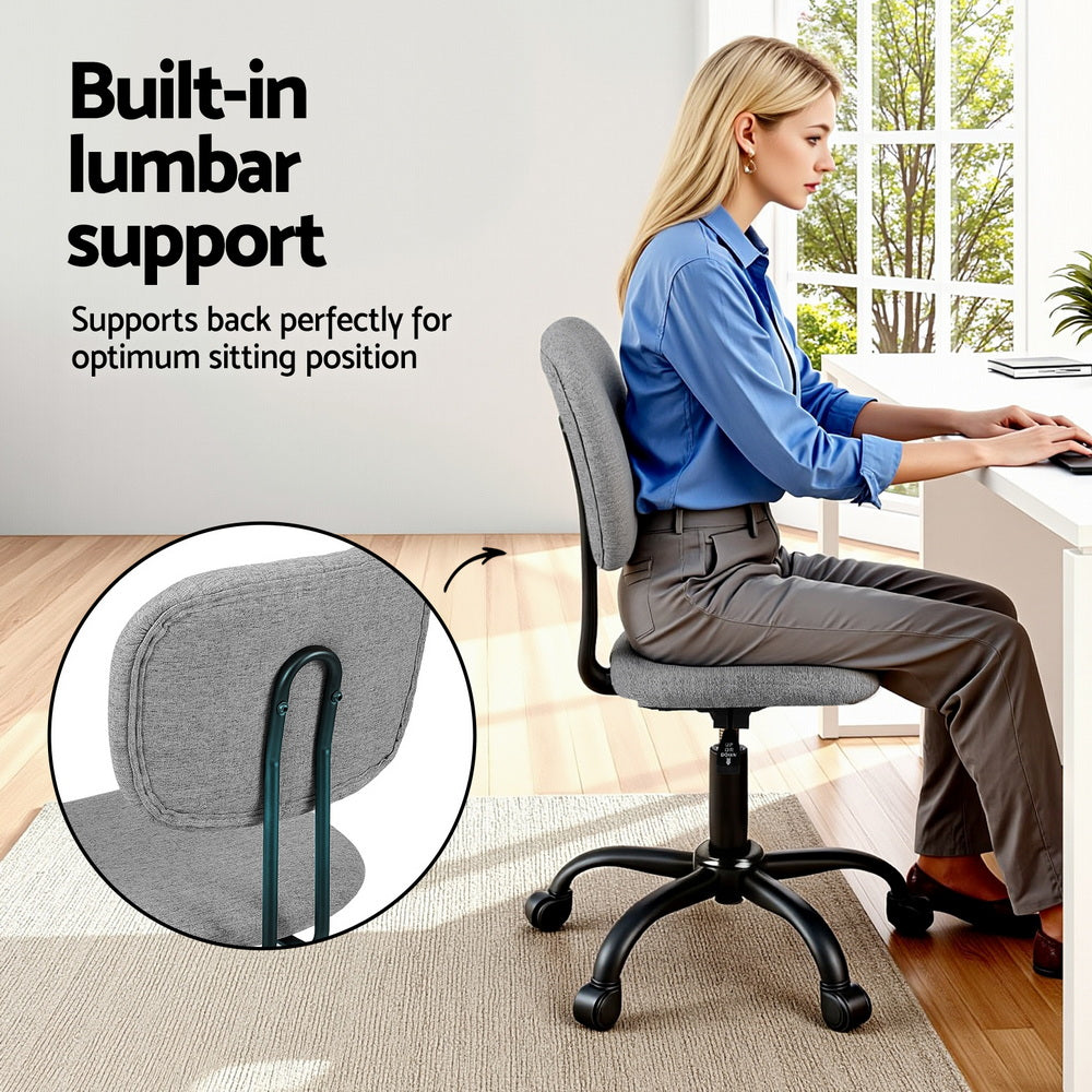 Artiss Armless Office Chair with Wheels, Ergonomic 360? Swivel Home Office Desk Chair, Height Adjustable Computer Task Chair with Fabric Back and Seat for Small Space, Grey