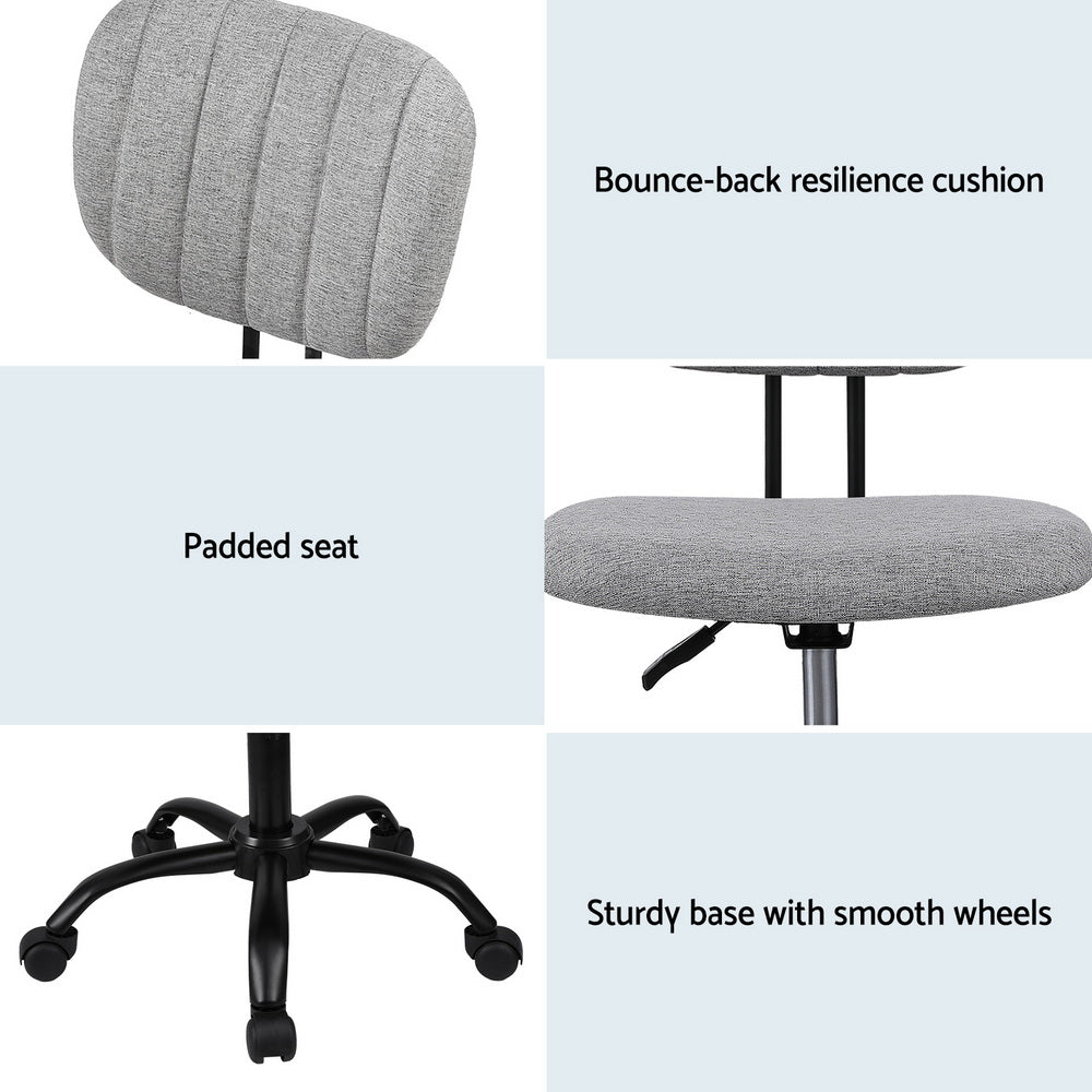 Artiss Armless Office Chair with Wheels, Ergonomic 360? Swivel Home Office Desk Chair, Height Adjustable Computer Task Chair with Fabric Back and Seat for Small Space, Grey