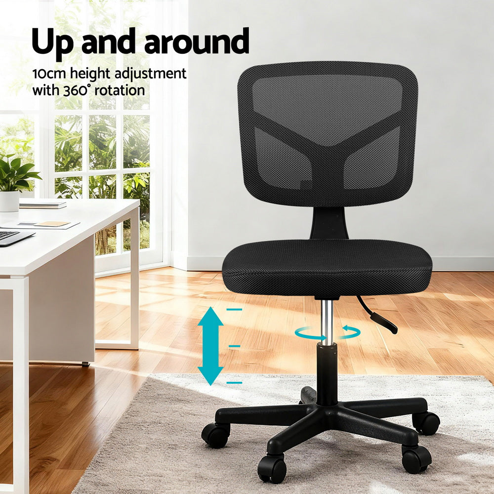 Artiss Armless Office Chair with Wheels, Ergonomic 360? Swivel Home Office Desk Chair, Height Adjustable Computer Task Chair with Fabric Back and Seat for Small Space, Black