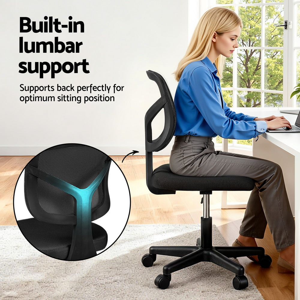 Artiss Armless Office Chair with Wheels, Ergonomic 360? Swivel Home Office Desk Chair, Height Adjustable Computer Task Chair with Fabric Back and Seat for Small Space, Black