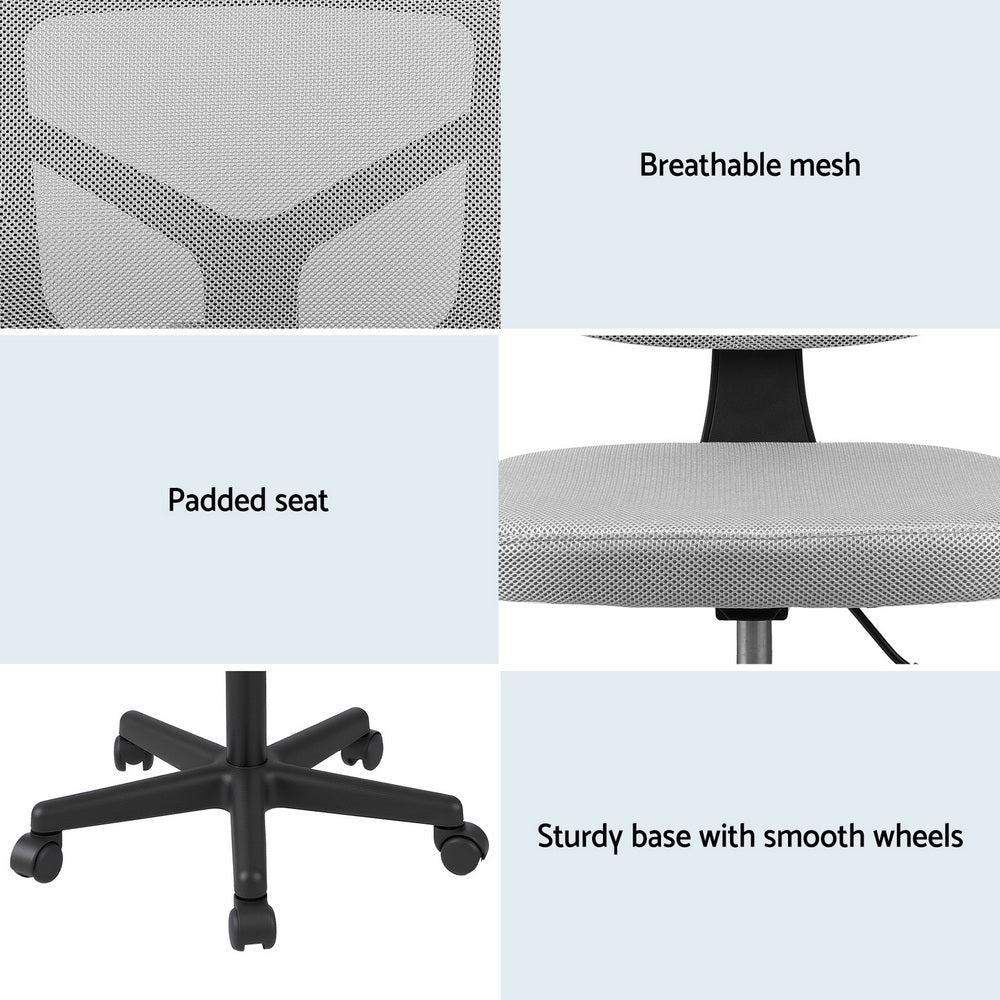 Artiss Armless Office Chair with Wheels, Ergonomic 360? Swivel Home Office Desk Chair, Height Adjustable Computer Task Chair with Fabric Back and Seat for Small Space, Grey
