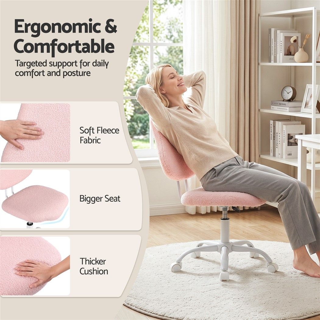 Artiss Armless Office Chair Ergonomic Soft Fleece Height Adjustable Vanity Desk Chair Pink Bedworld