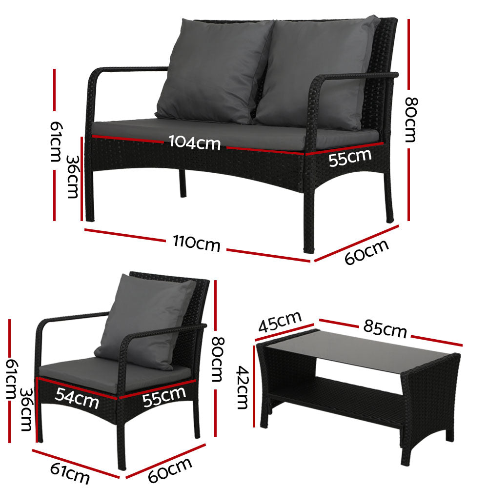 Outdoor wicker loveseat and matching table, shown with measurements and cushions
