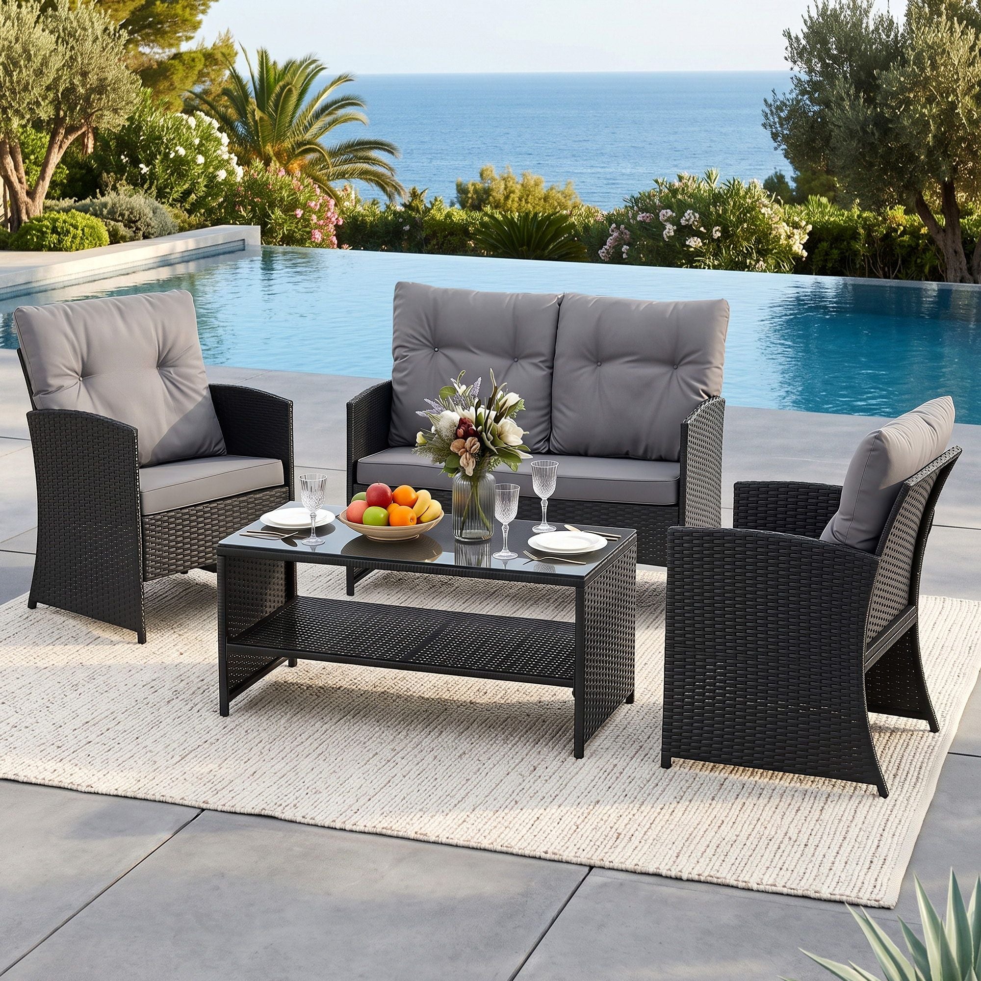 Gardeon 4-Piece Outdoor Sofa Set Coffee Table Chair Rattan Furniture Black Bedworld