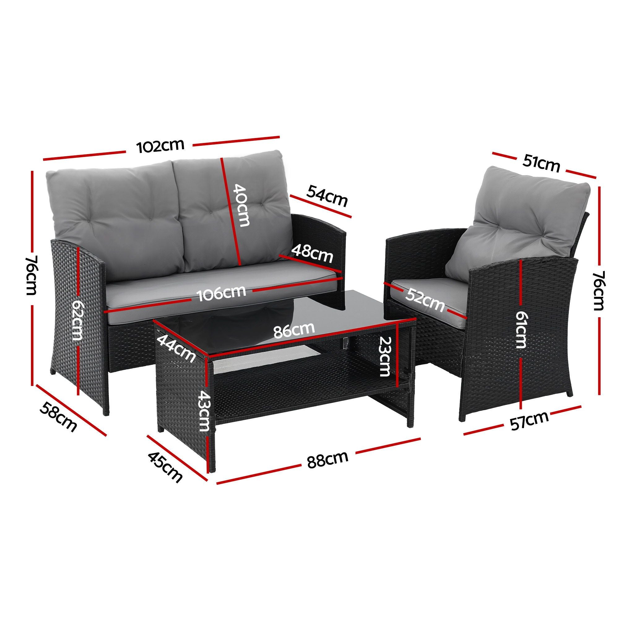 Gardeon 4-Piece Outdoor Sofa Set Coffee Table Chair Rattan Furniture Black Bedworld