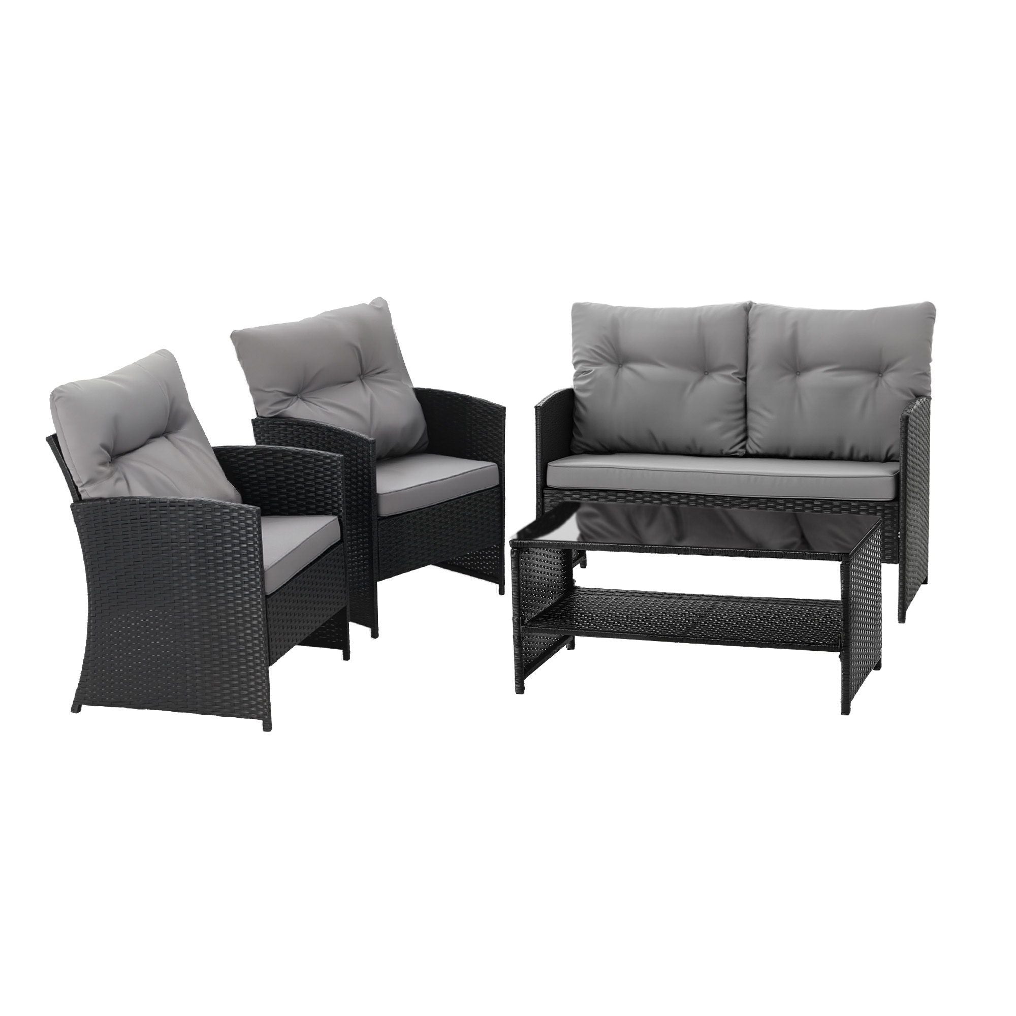 Gardeon 4-Piece Outdoor Sofa Set Coffee Table Chair Rattan Furniture Black Bedworld