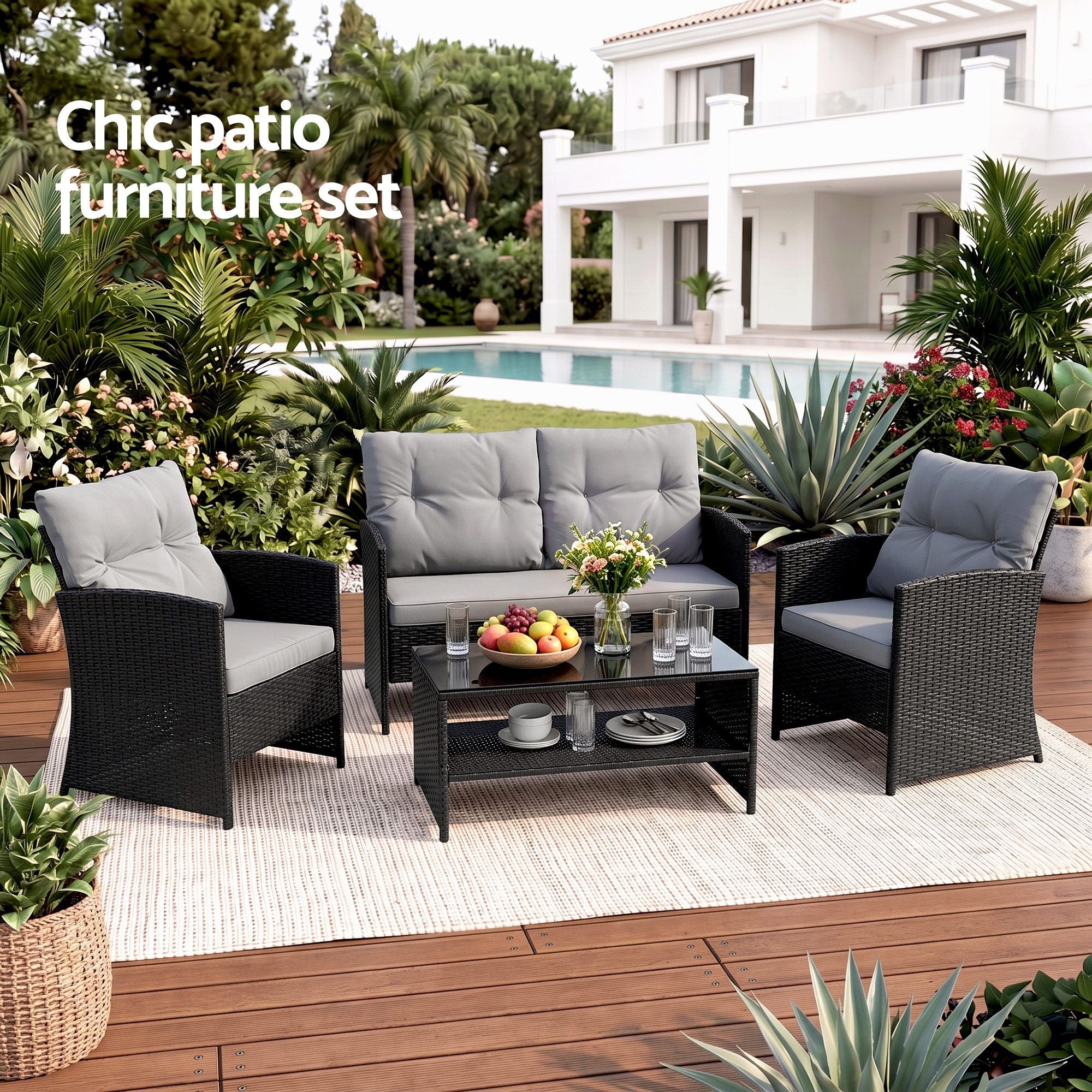 Gardeon 4-Piece Outdoor Sofa Set Coffee Table Chair Rattan Furniture Black Bedworld