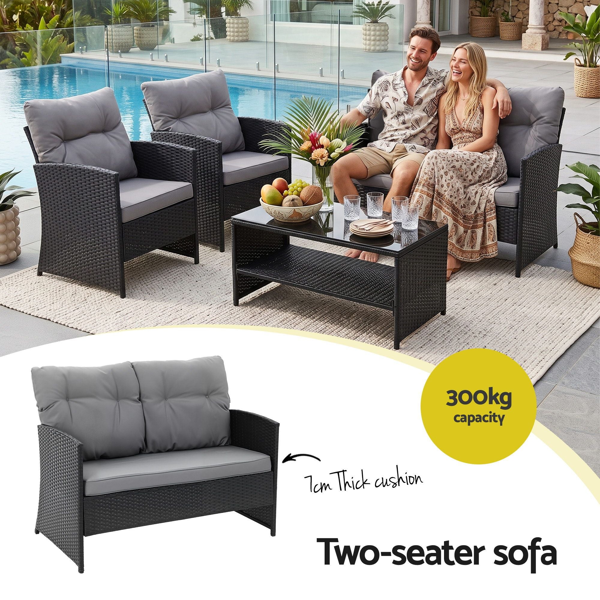Gardeon 4-Piece Outdoor Sofa Set Coffee Table Chair Rattan Furniture Black Bedworld