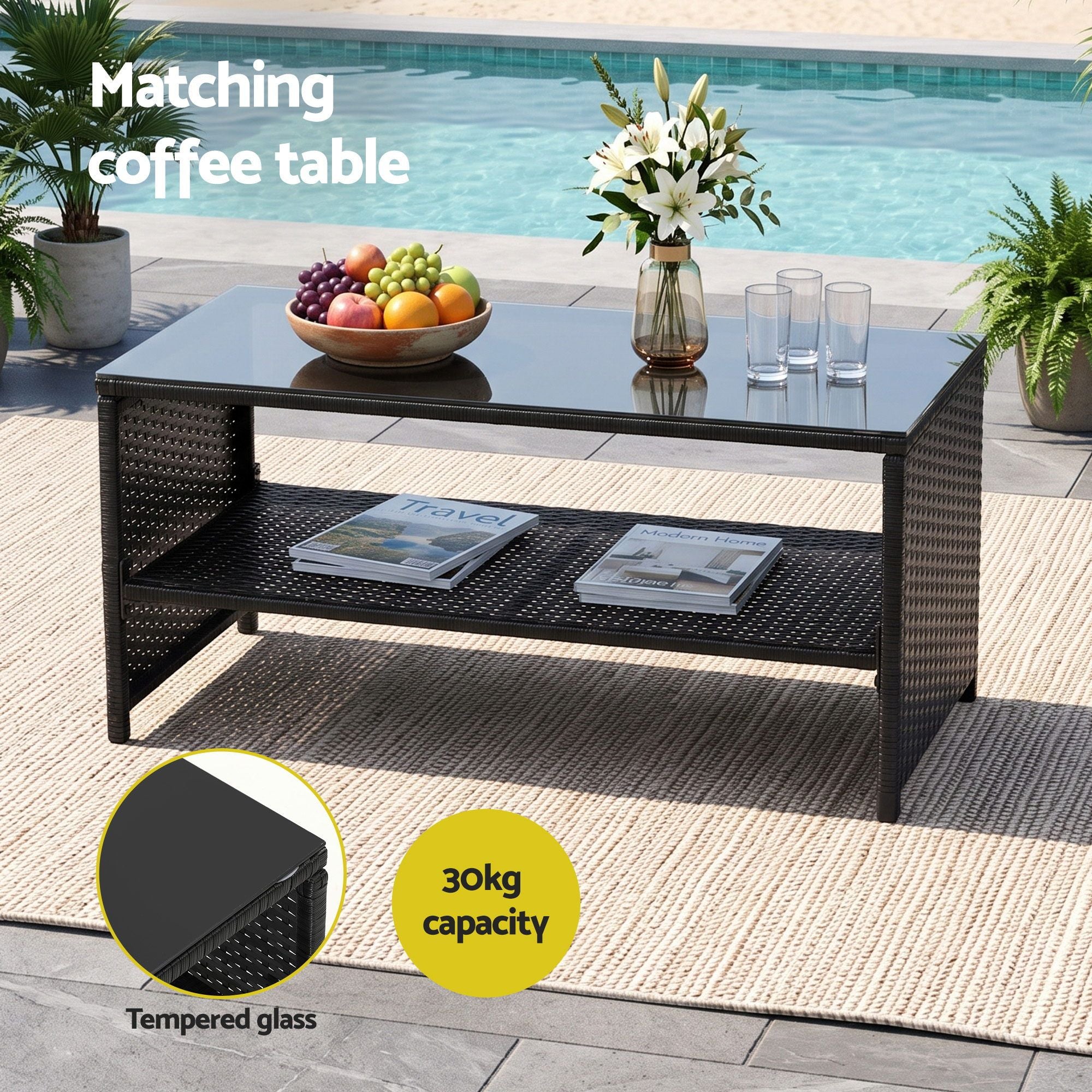 Gardeon 4-Piece Outdoor Sofa Set Coffee Table Chair Rattan Furniture Black Bedworld
