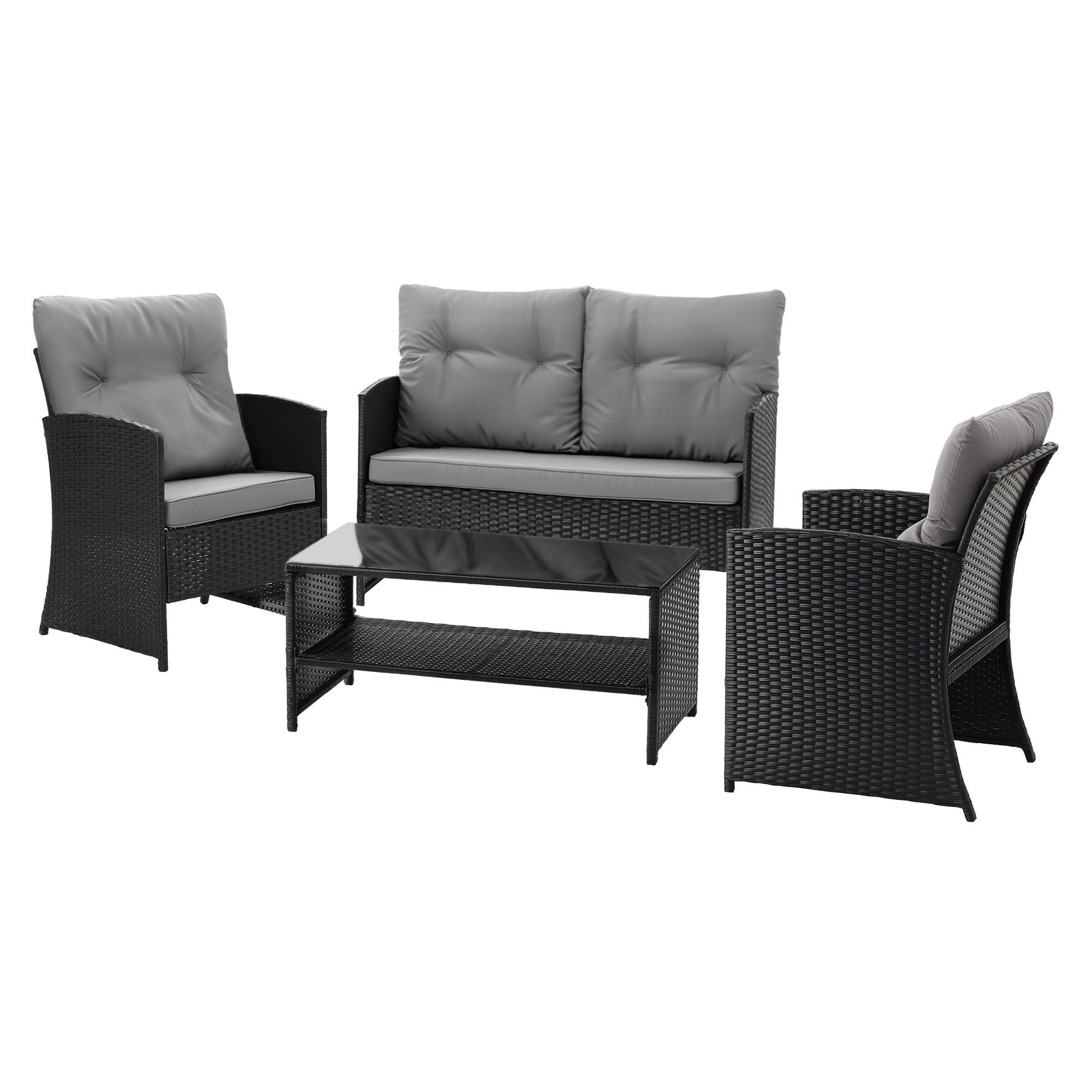 Gardeon 4-Piece Outdoor Sofa Set Coffee Table Chair Rattan Furniture Black Bedworld