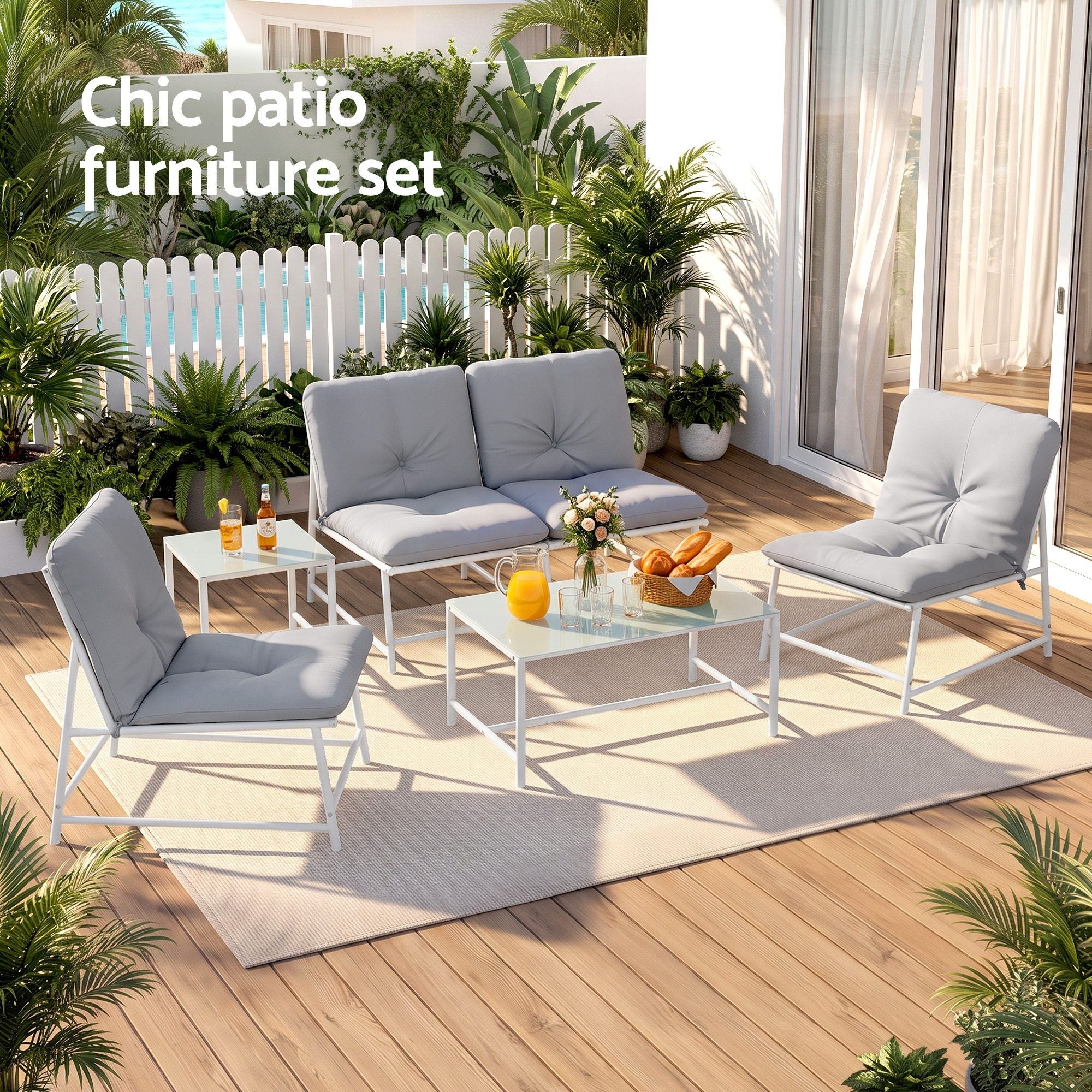 Gardeon 5-Piece Outdoor Sofa Set with Cushions table and Chairs White Bedworld