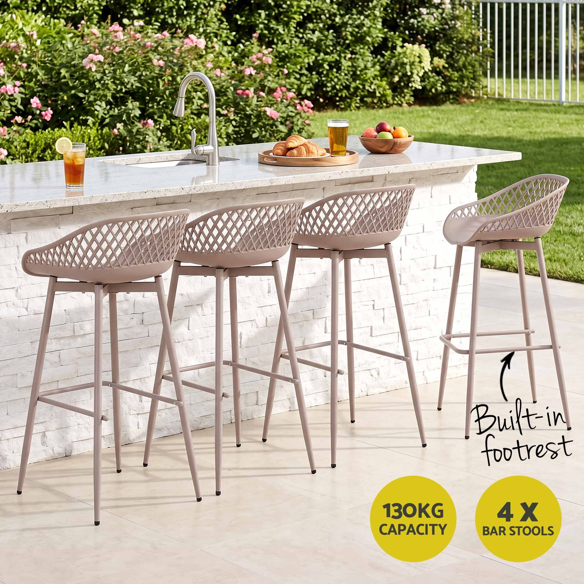 Gardeon 4-Piece Outdoor Bar Stools Plastic Metal Dining Chair Furniture Coffee Bedworld