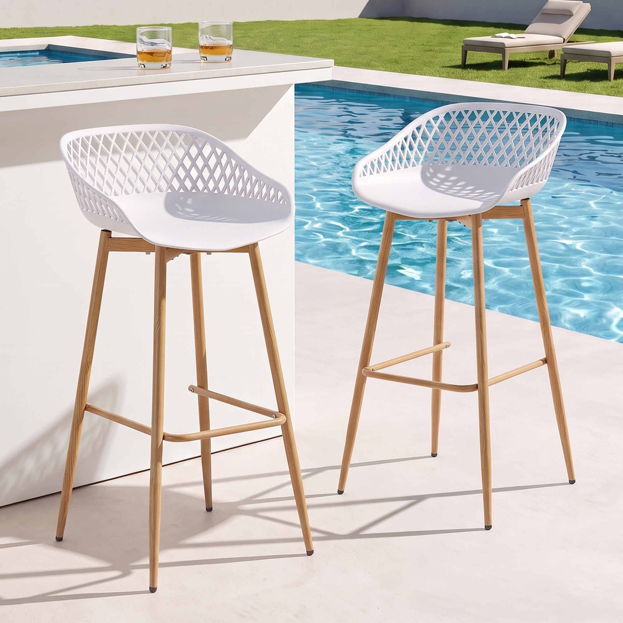 Gardeon 2PC Outdoor Bar Stools Plastic Metal Dining Chair Patio Furniture White Bedworld