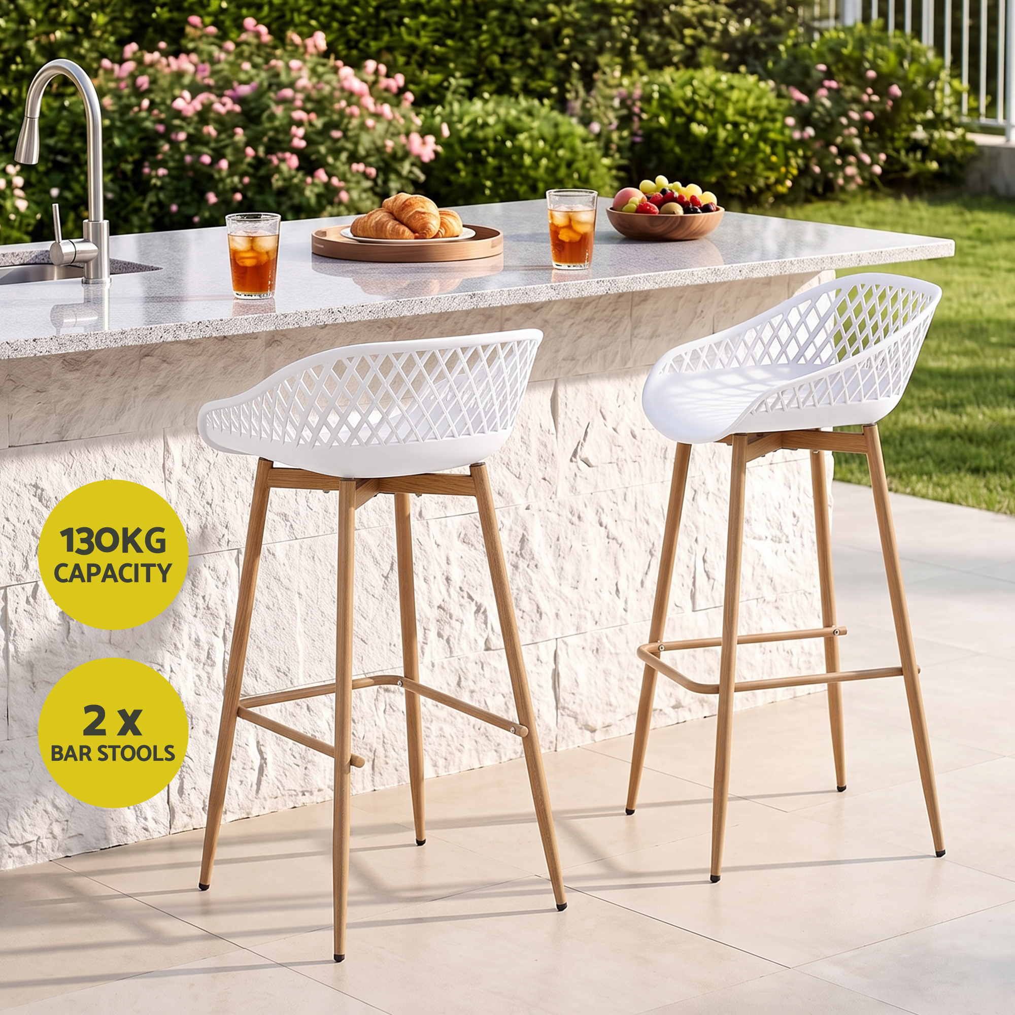 Gardeon 2PC Outdoor Bar Stools Plastic Metal Dining Chair Patio Furniture White Bedworld