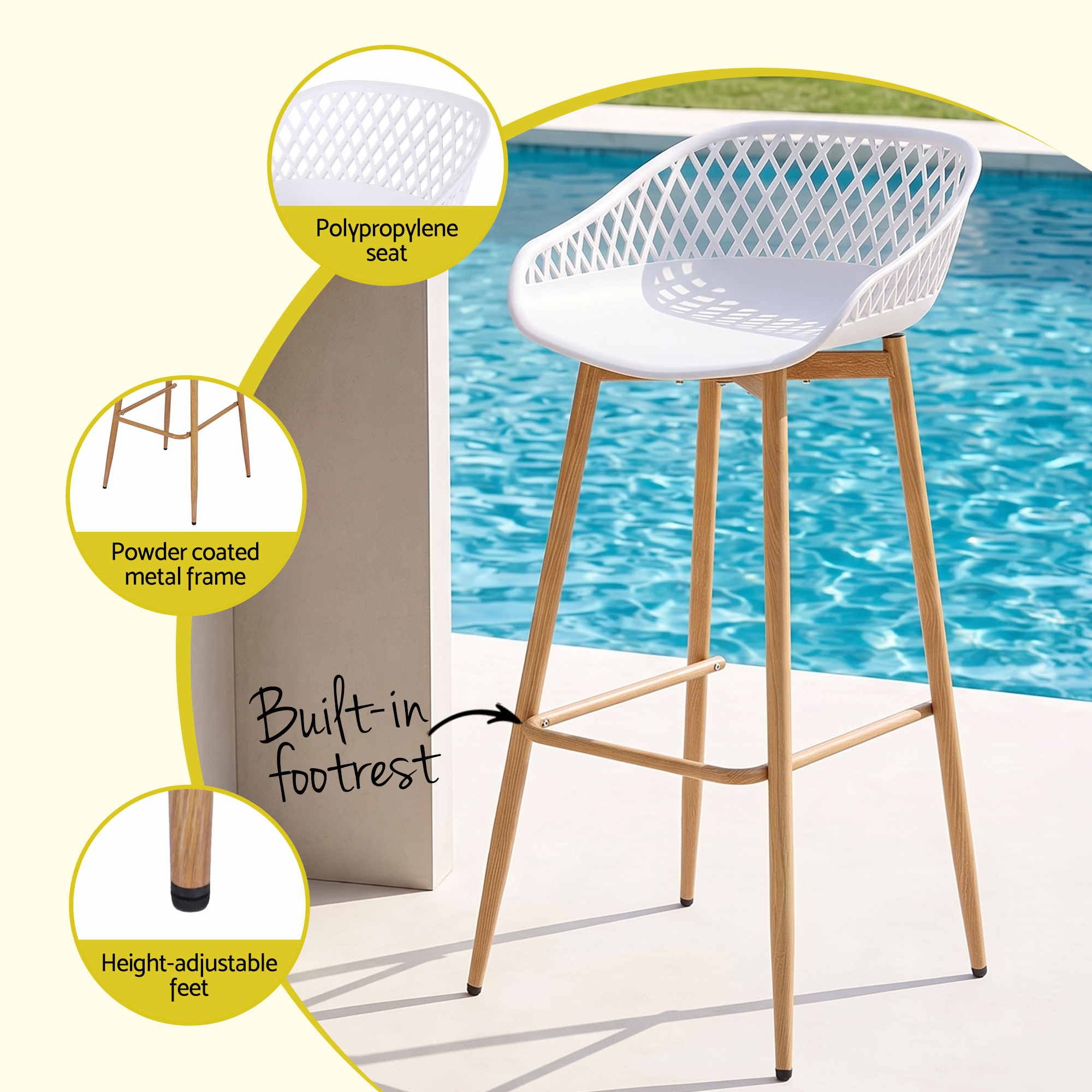 Gardeon 2PC Outdoor Bar Stools Plastic Metal Dining Chair Patio Furniture White Bedworld