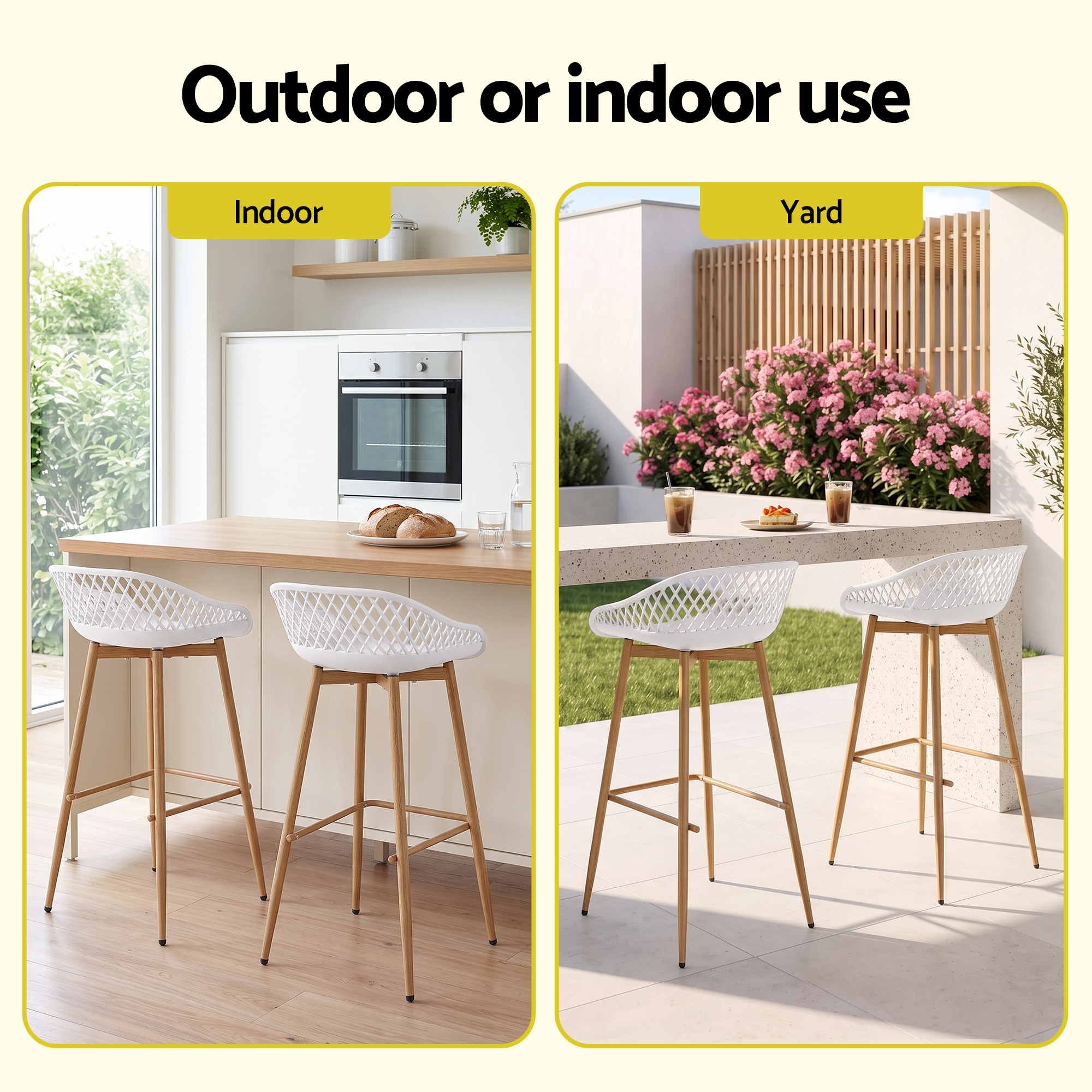 Gardeon 2PC Outdoor Bar Stools Plastic Metal Dining Chair Patio Furniture White Bedworld