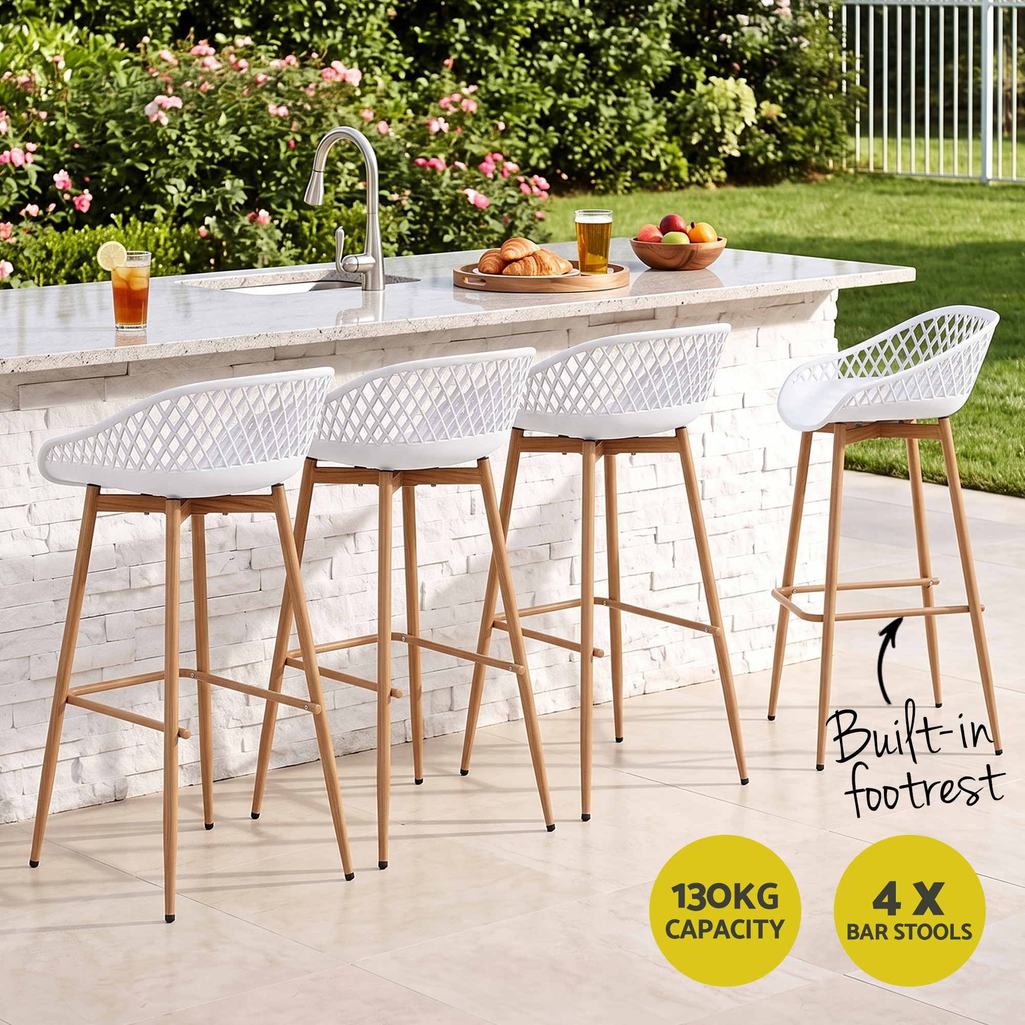 Gardeon 4-Piece Outdoor Bar Stools Plastic Metal Dining Chair Balcony White Bedworld