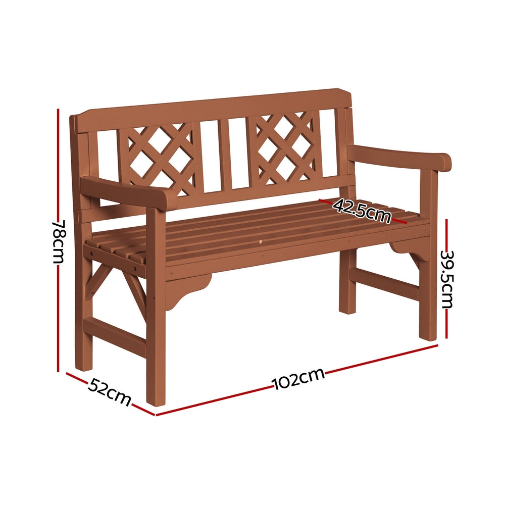 Outdoor wooden 2-seat bench, side view with slatted seat and lattice back