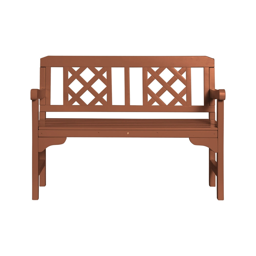 Outdoor wooden 2-seat garden bench with lattice back and slatted seat