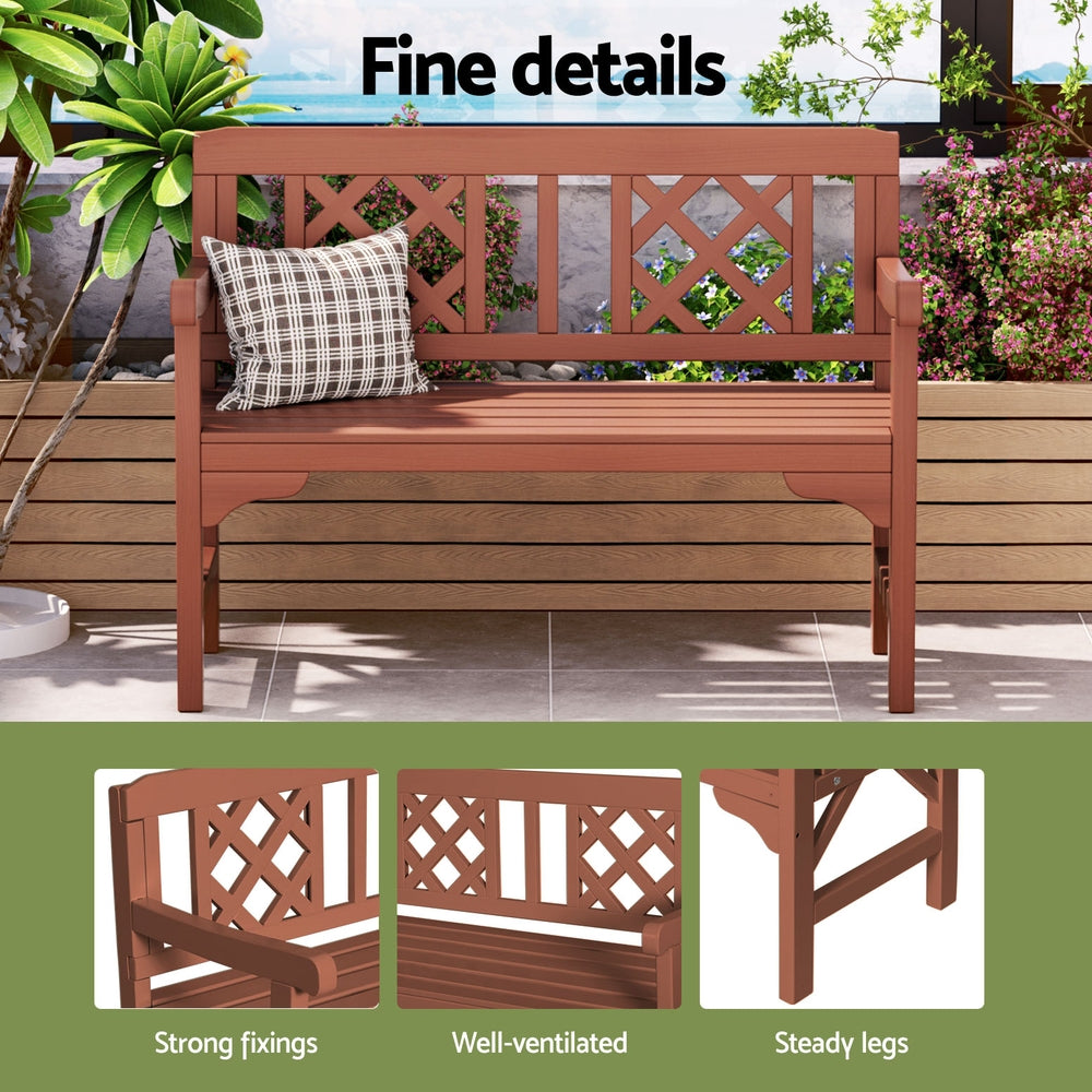 Outdoor wooden 2-seat bench with lattice back, slatted seat, and checkered cushion