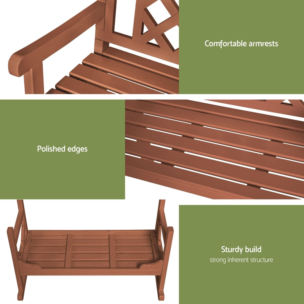 Outdoor wooden bench with smooth armrests and slatted seat boards