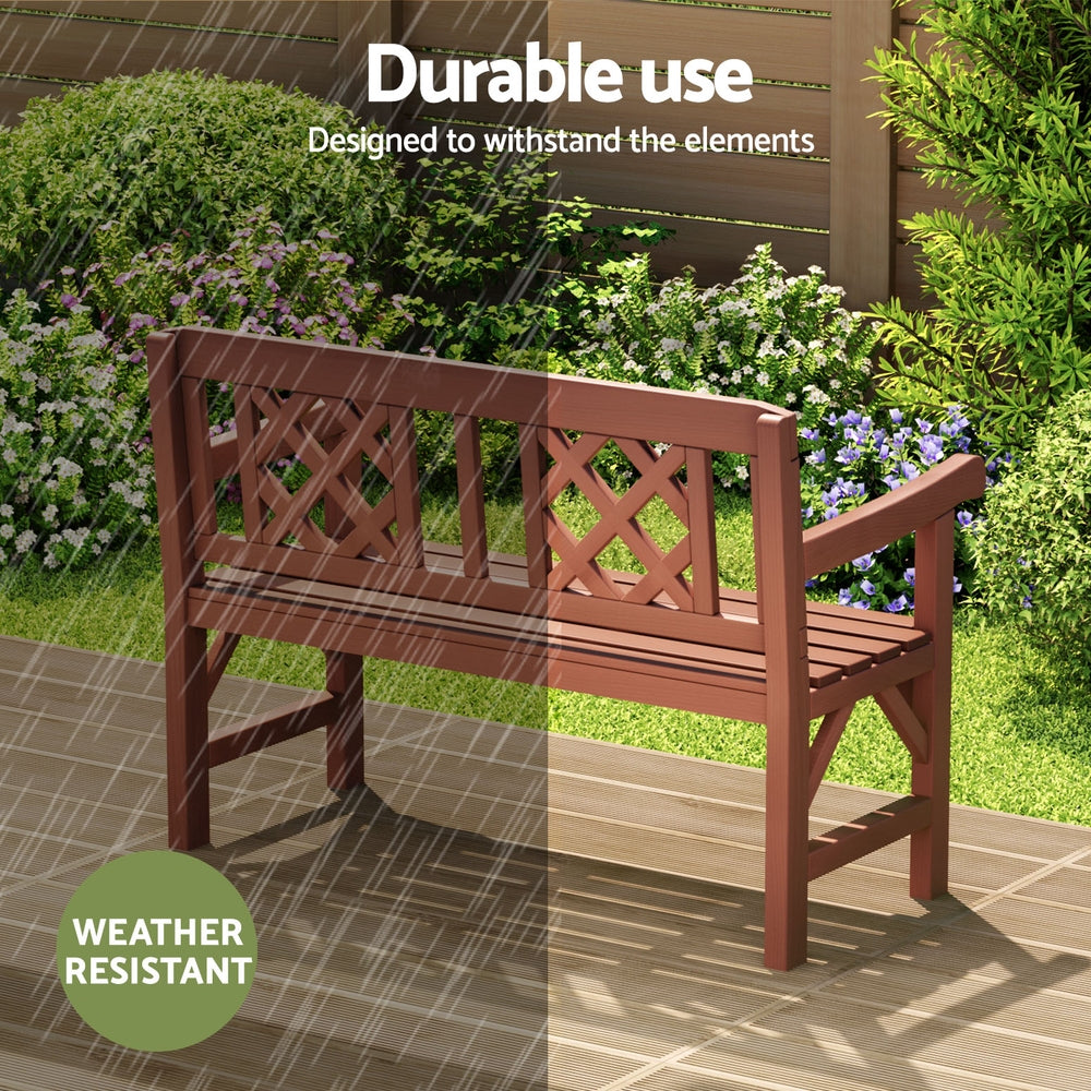Outdoor wooden 2-seat garden bench with lattice back and slatted seat